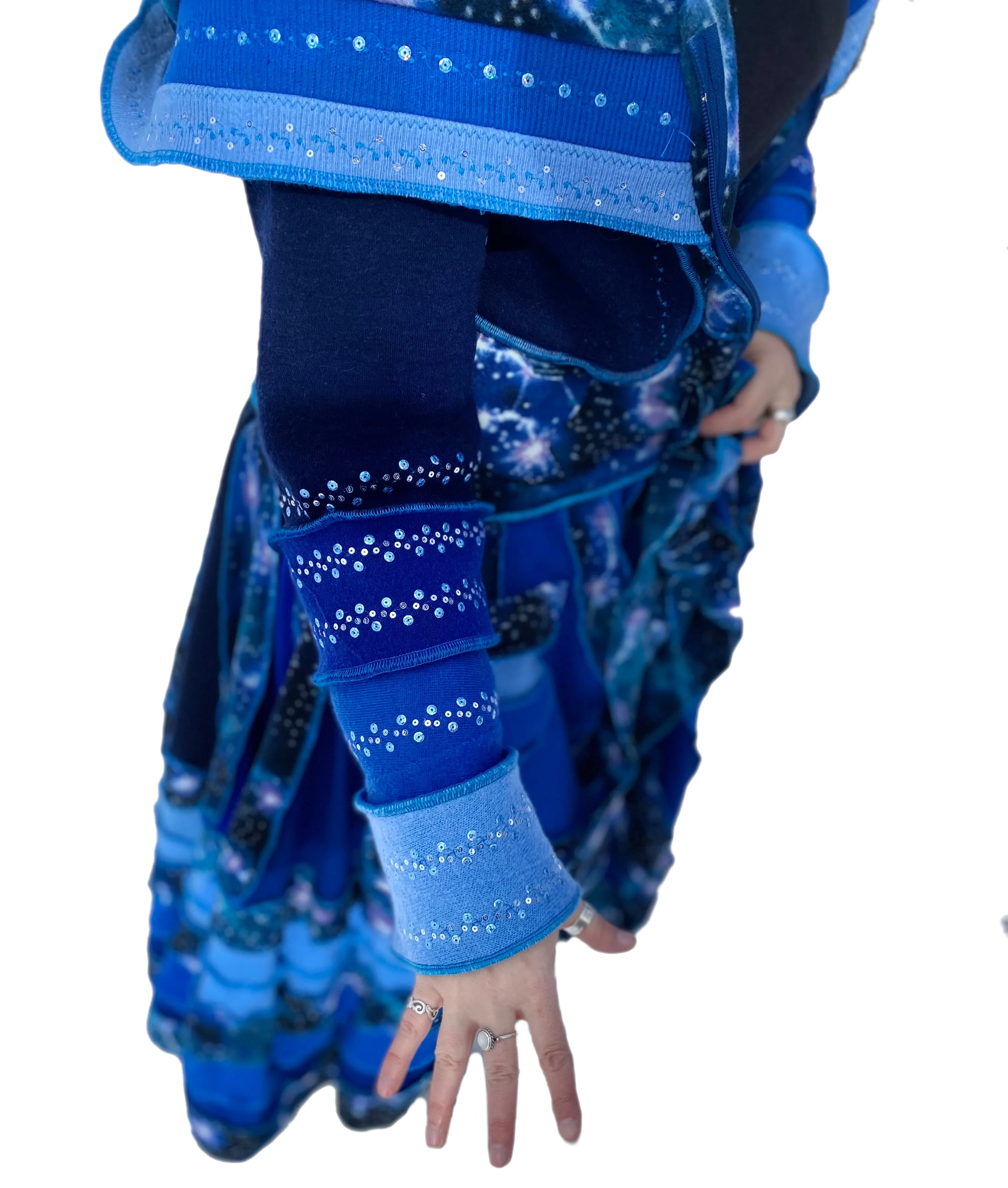 "Pollux" Blue needle-felted wool/cashmere patchwork Katwise-inspired sweatercoat-2522