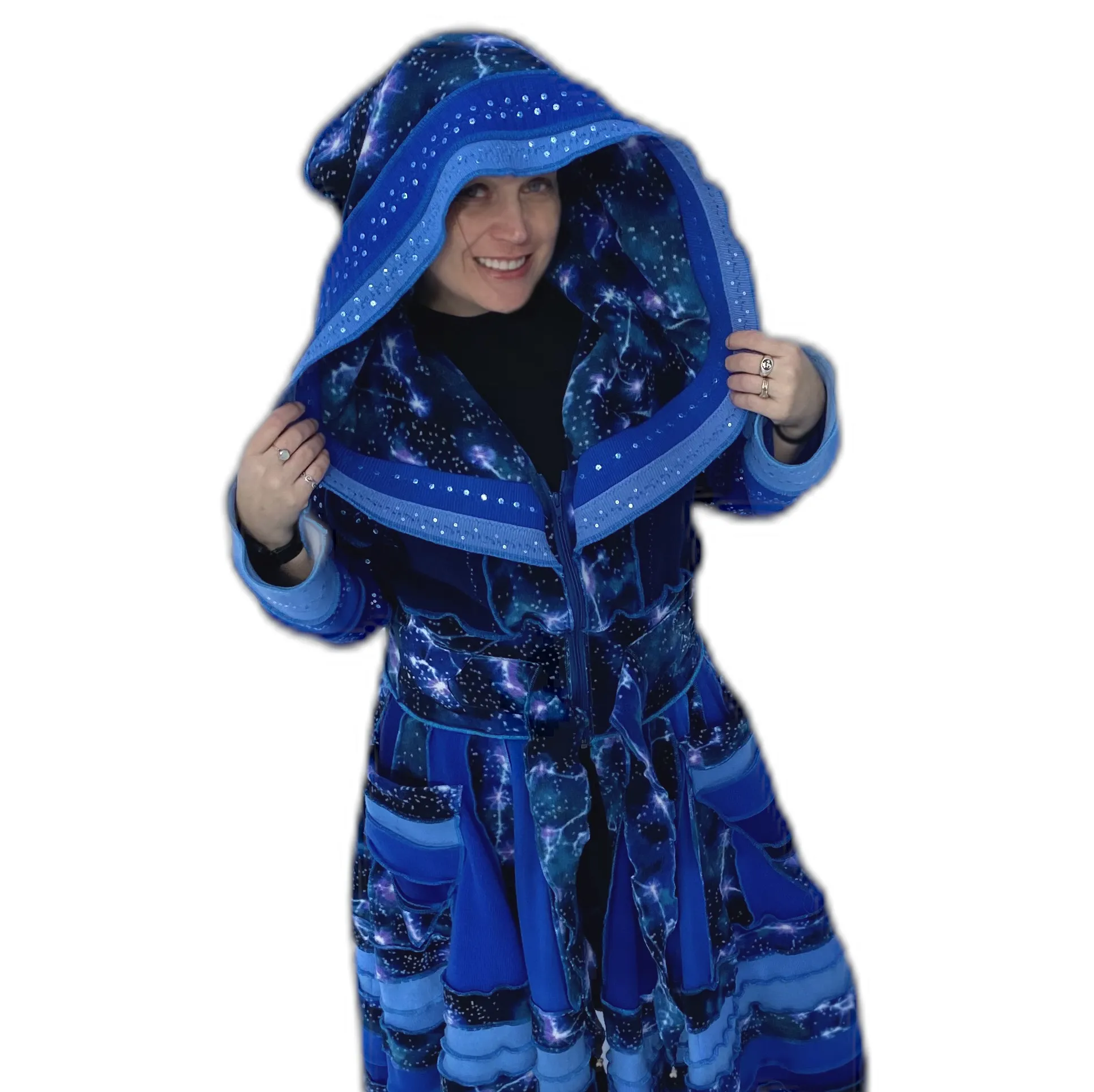 "Pollux" Blue needle-felted wool/cashmere patchwork Katwise-inspired sweatercoat-2522