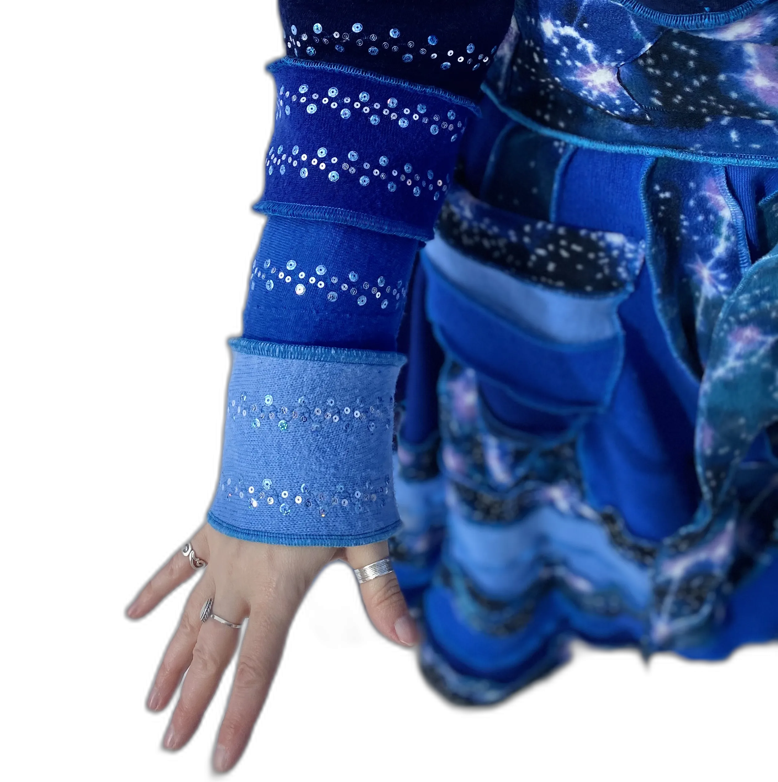 "Pollux" Blue needle-felted wool/cashmere patchwork Katwise-inspired sweatercoat-2522