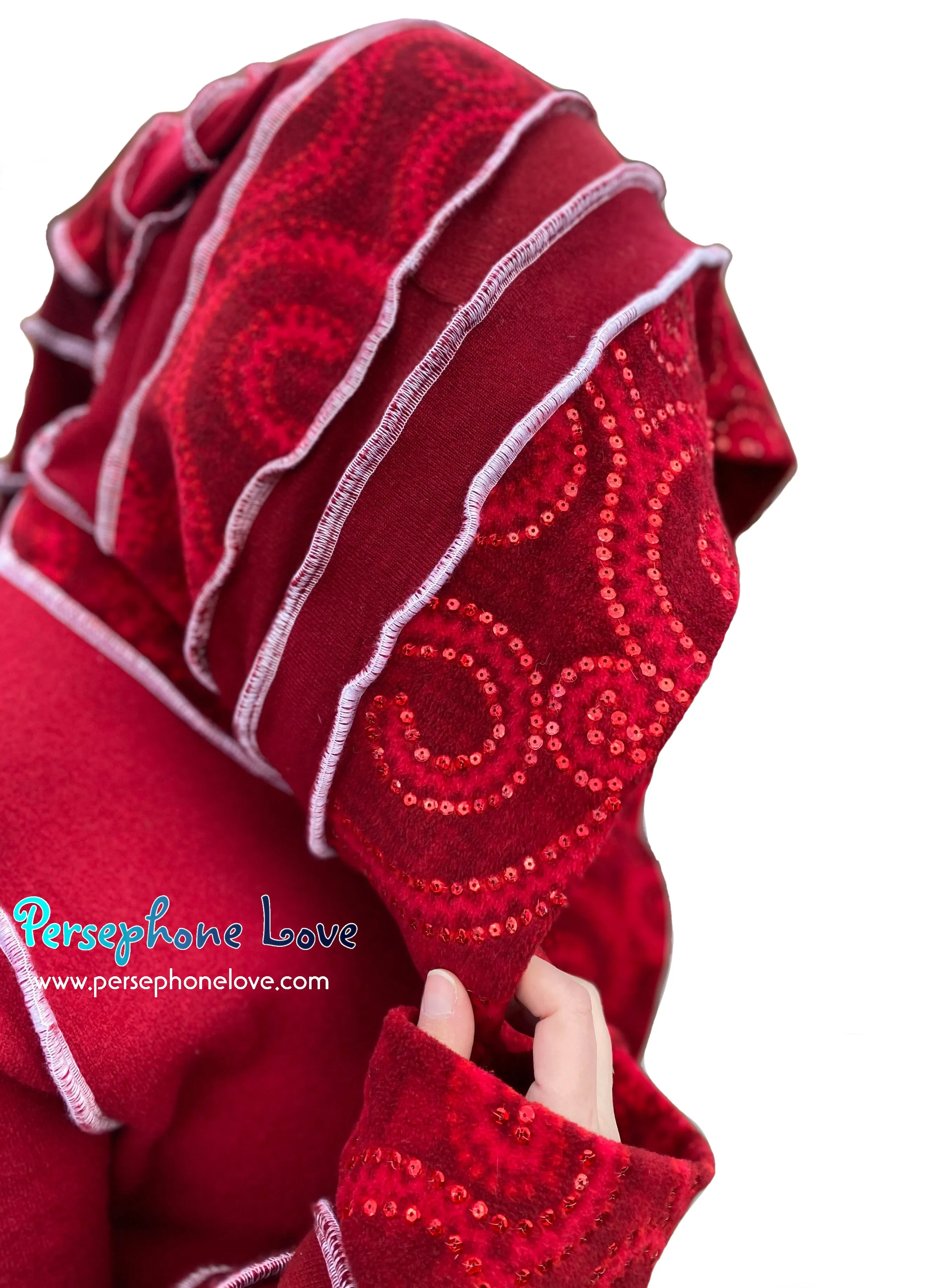 "Stay" Maroon red swirl pattern felted wool/cashmere patchwork Katwise-inspired sweatercoat-2507
