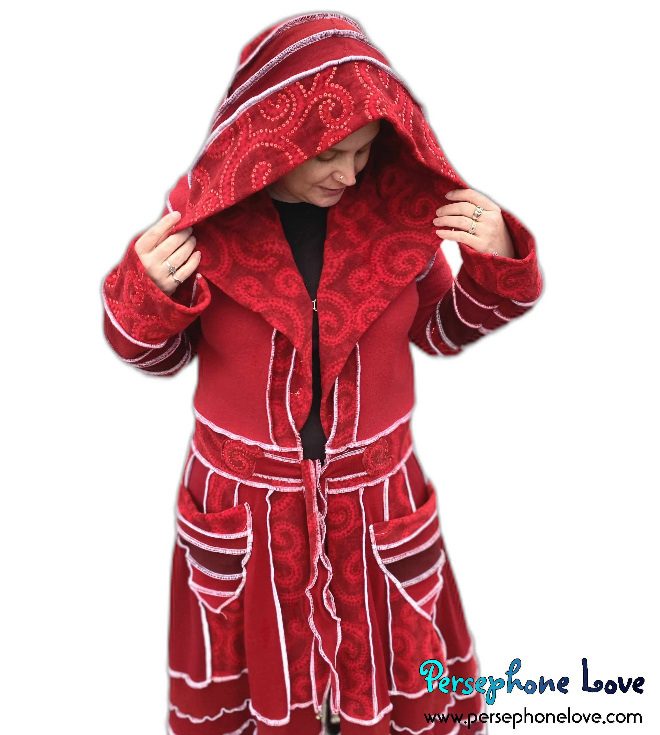 "Stay" Maroon red swirl pattern felted wool/cashmere patchwork Katwise-inspired sweatercoat-2507