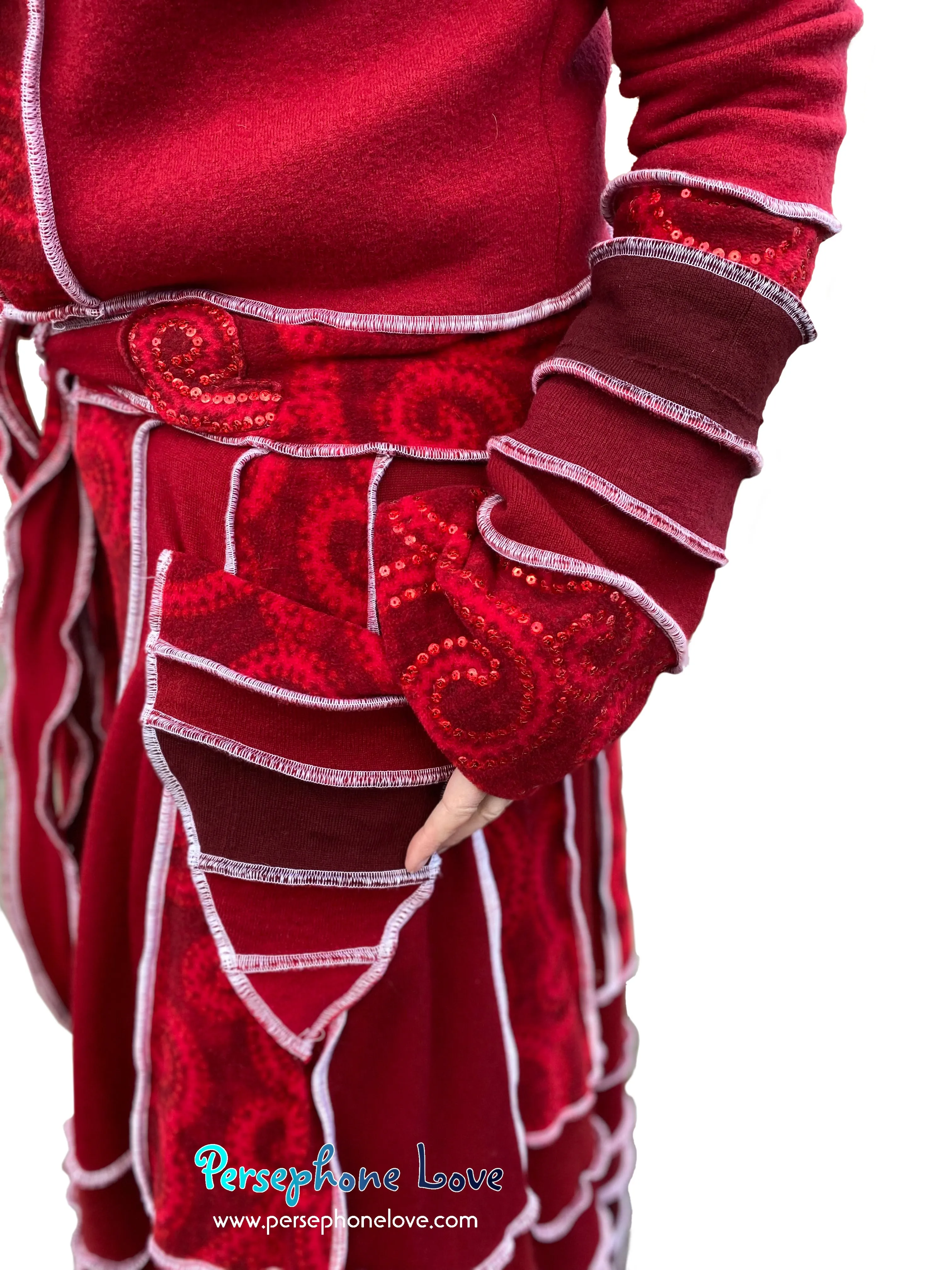 "Stay" Maroon red swirl pattern felted wool/cashmere patchwork Katwise-inspired sweatercoat-2507