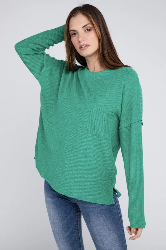 Ribbed Brushed Melange Hacci Sweater Pocket PREORDER