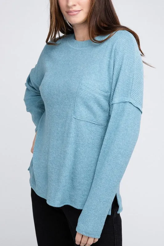 Ribbed Brushed Melange Hacci Sweater Pocket PREORDER