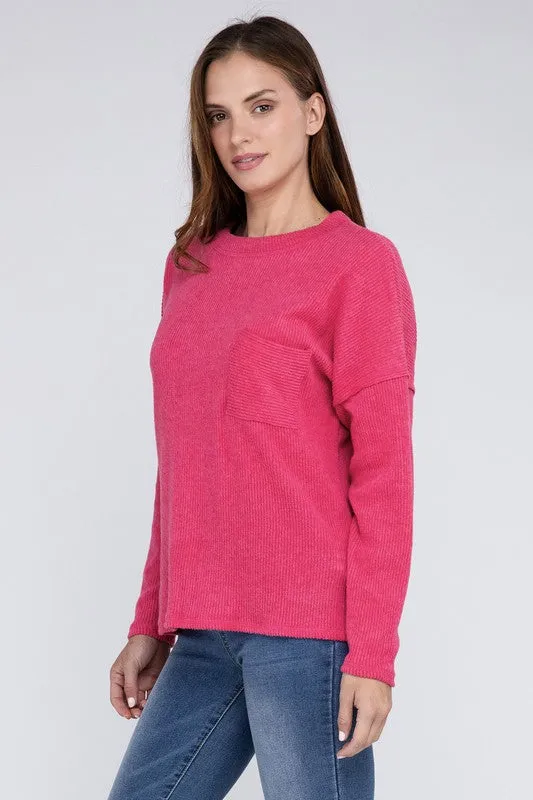 Ribbed Brushed Melange Hacci Sweater Pocket PREORDER