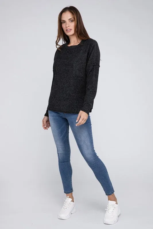 Ribbed Brushed Melange Hacci Sweater Pocket PREORDER