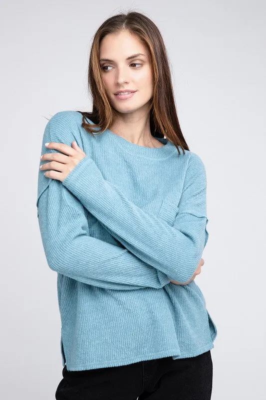 Ribbed Brushed Melange Hacci Sweater Pocket PREORDER