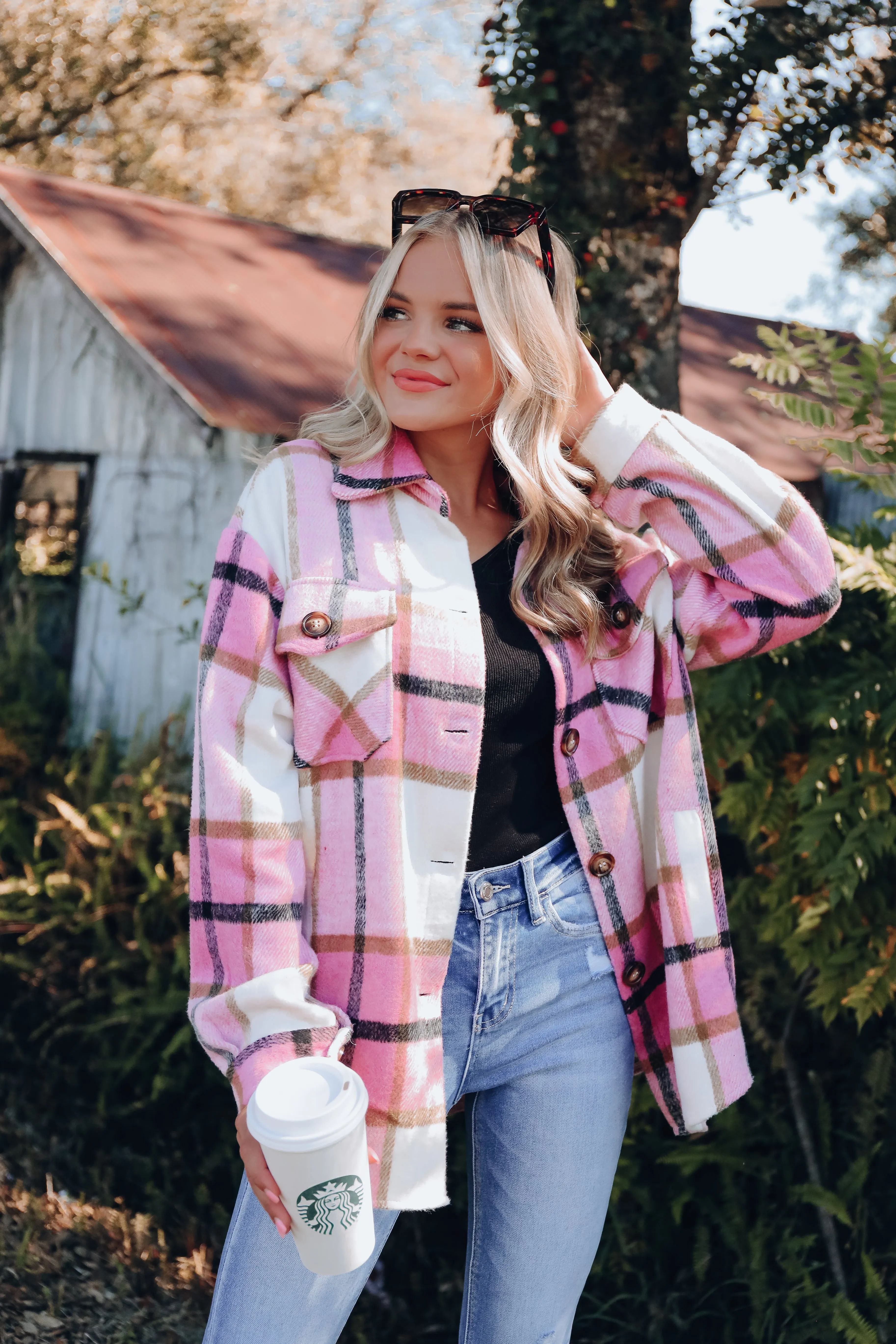 Rosetta Plaid Brushed Jacket - Pink