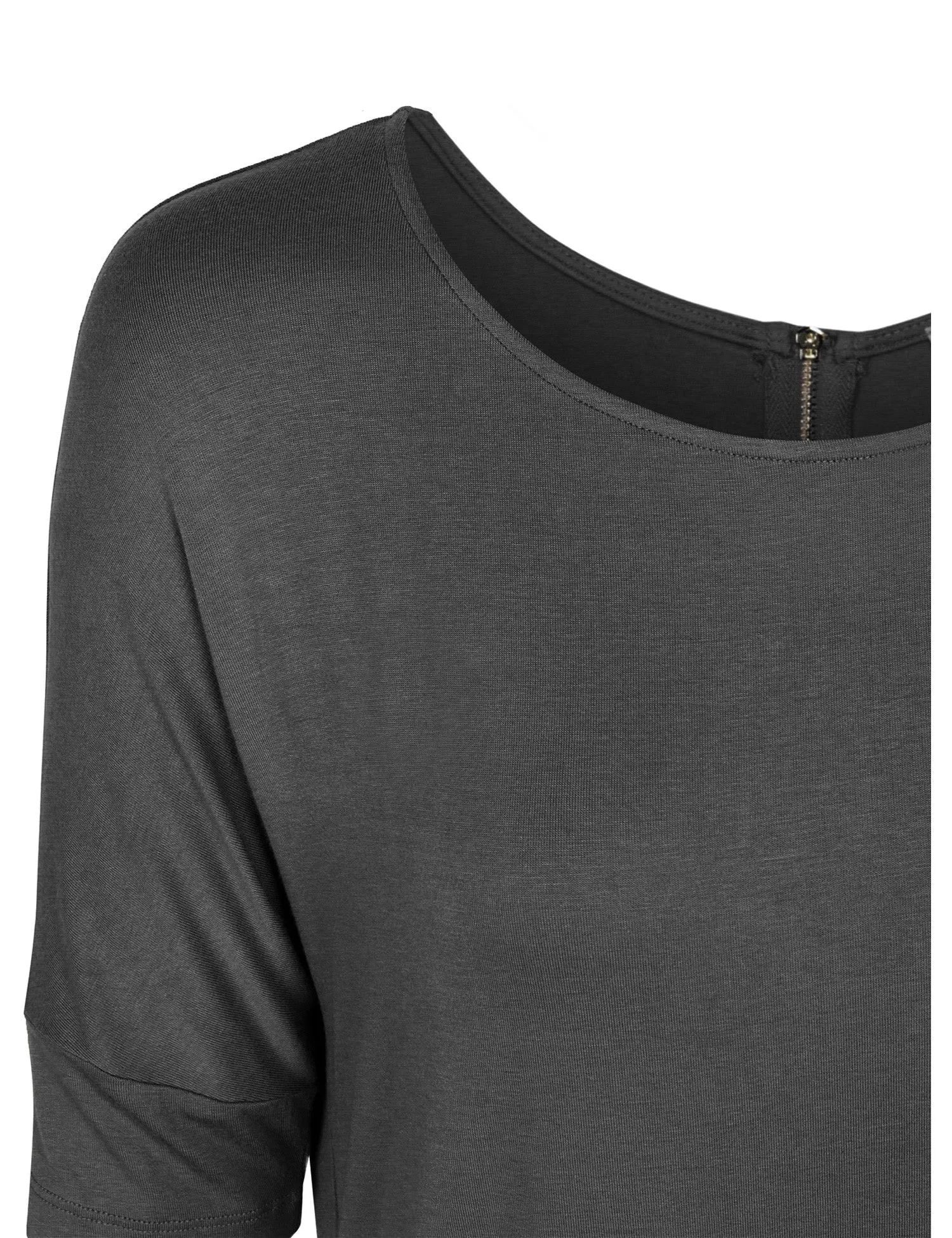 Round Neck Dolman Sleeve Casual Tunic Top with Zipper Details