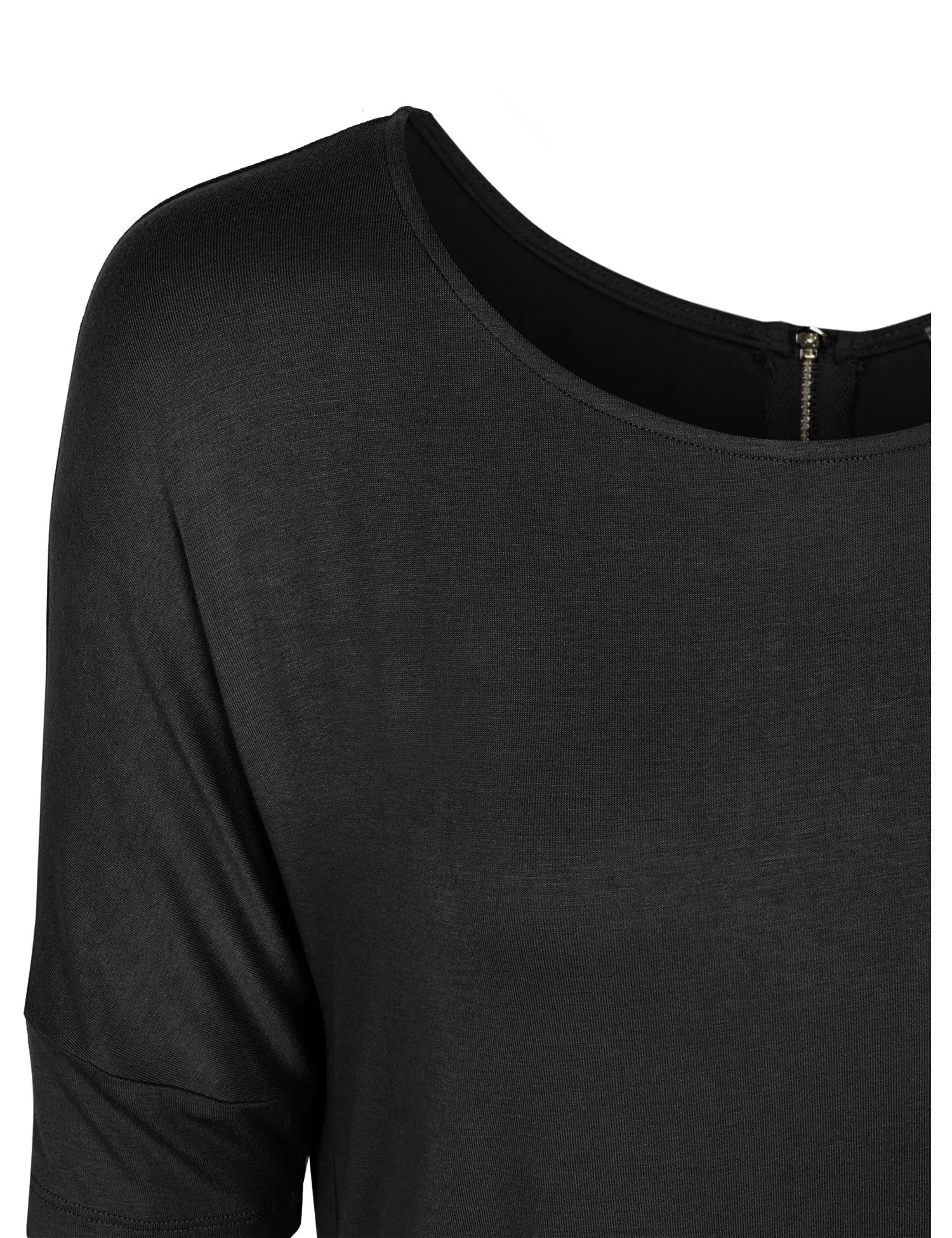 Round Neck Dolman Sleeve Casual Tunic Top with Zipper Details