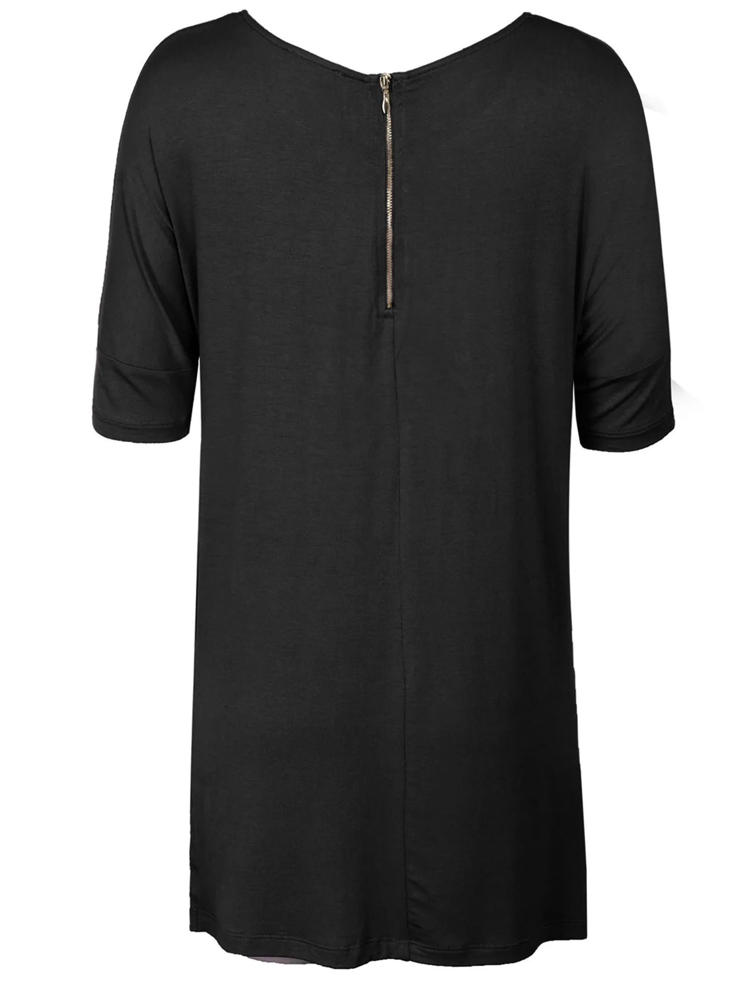 Round Neck Dolman Sleeve Casual Tunic Top with Zipper Details