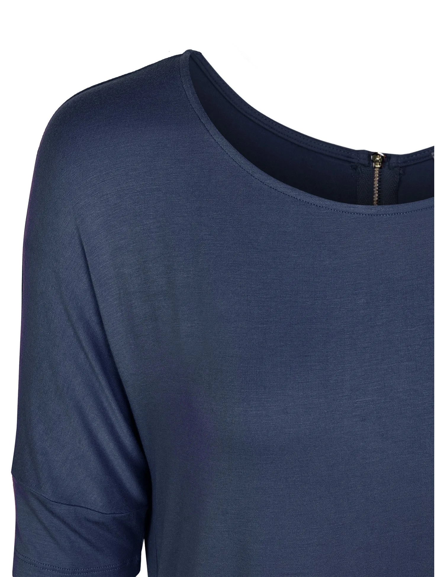 Round Neck Dolman Sleeve Casual Tunic Top with Zipper Details