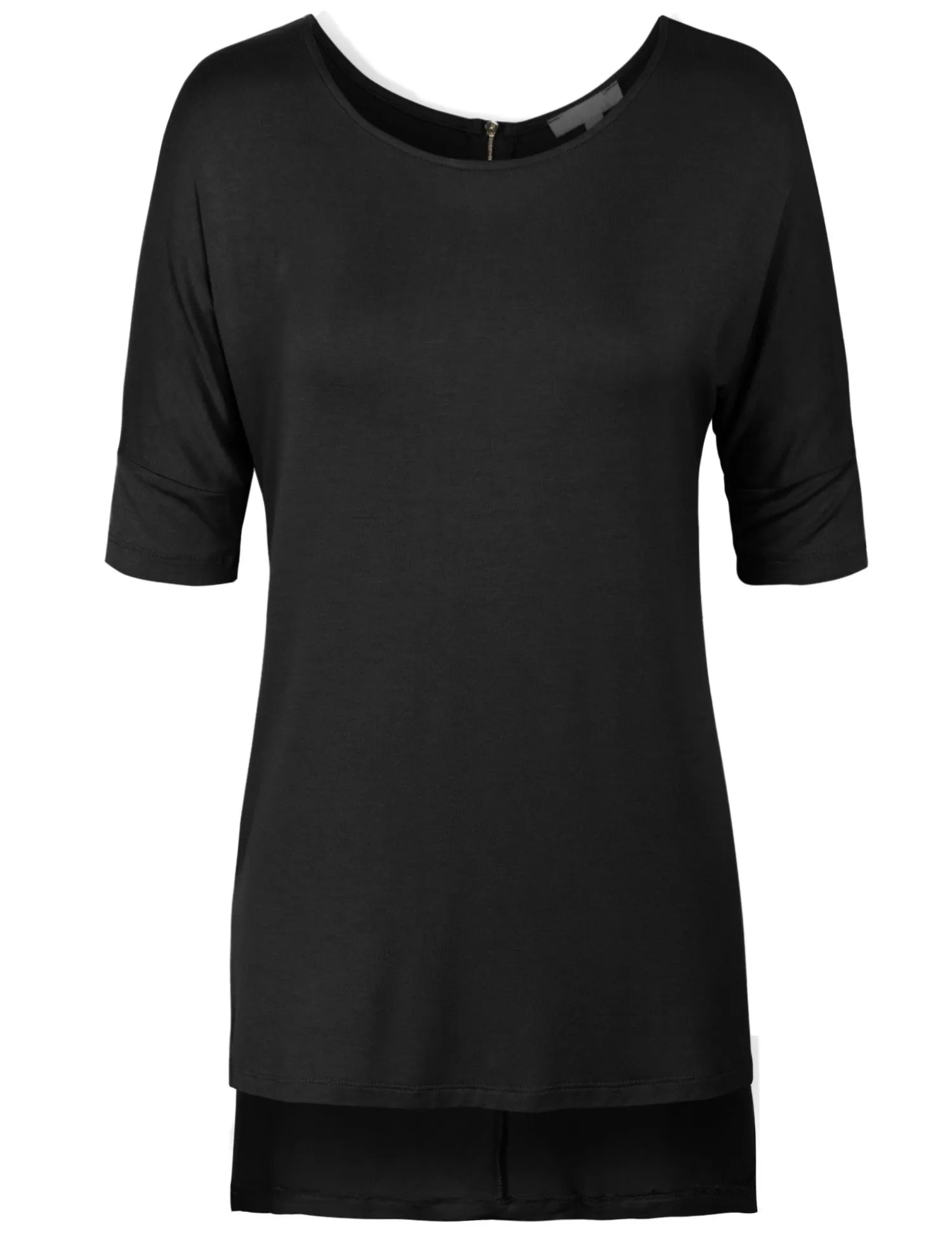 Round Neck Dolman Sleeve Casual Tunic Top with Zipper Details