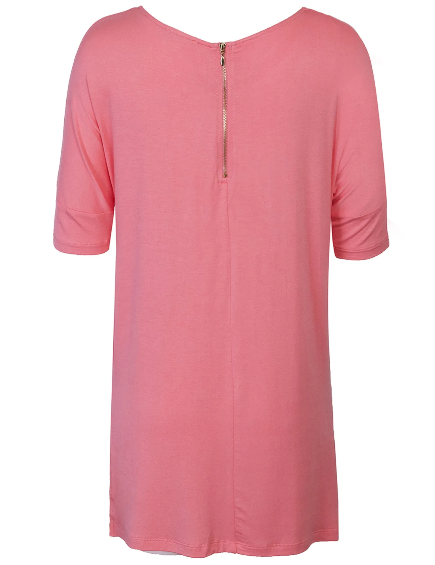 Round Neck Dolman Sleeve Casual Tunic Top with Zipper Details