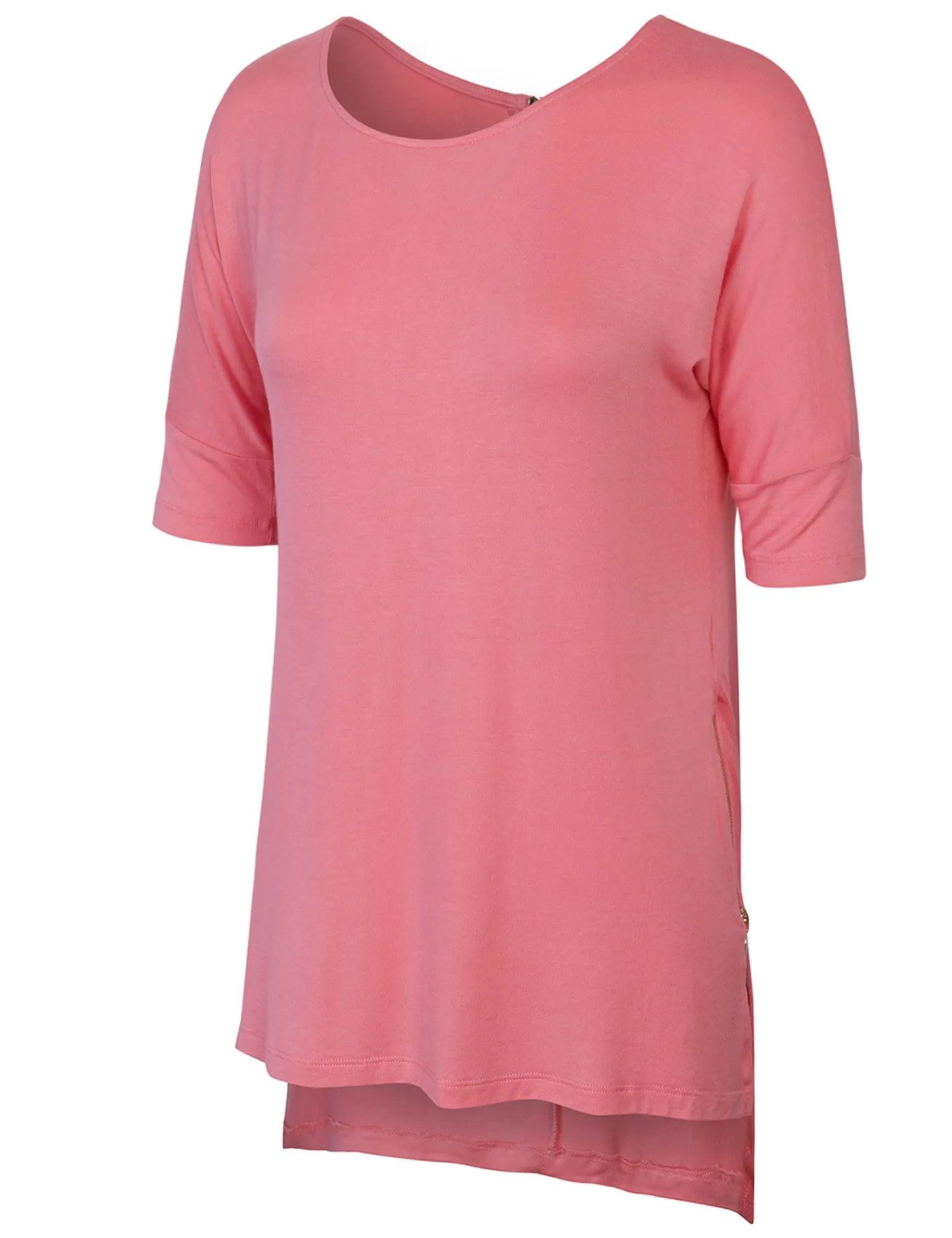 Round Neck Dolman Sleeve Casual Tunic Top with Zipper Details