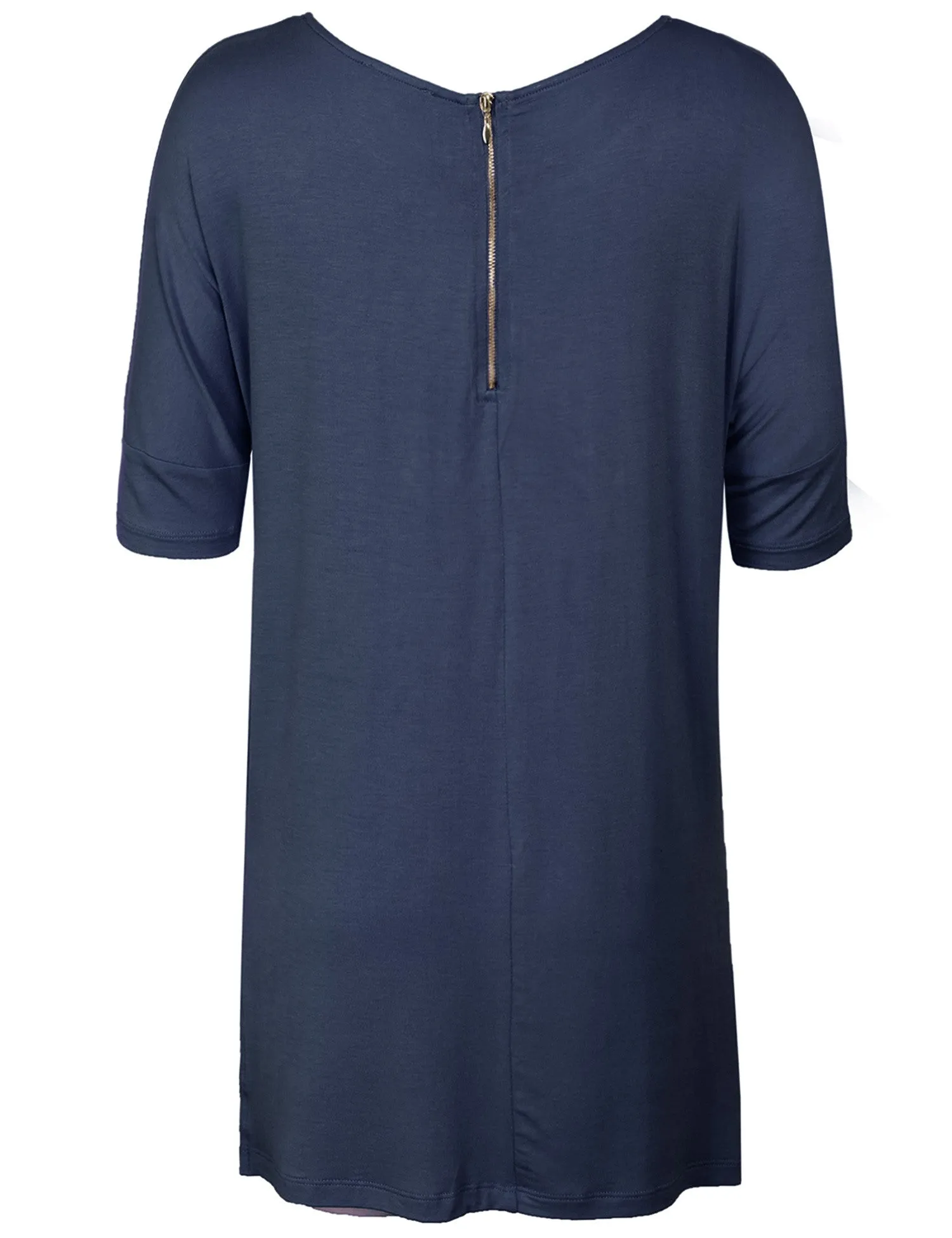 Round Neck Dolman Sleeve Casual Tunic Top with Zipper Details