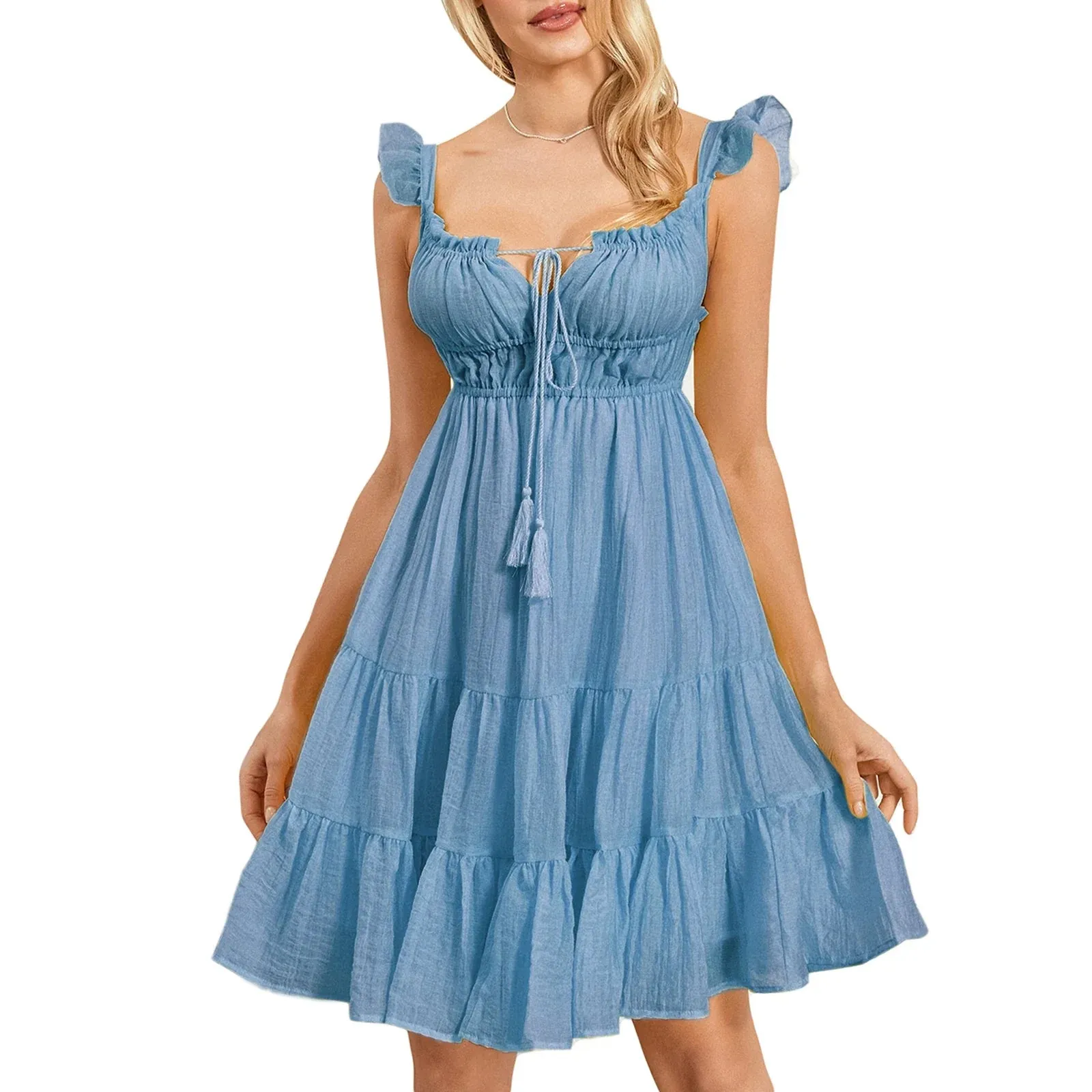 Sleeve V Neck Low Cut A-Line Swing Summer Back Lace Up Ruffle Layered Casual Long Dress