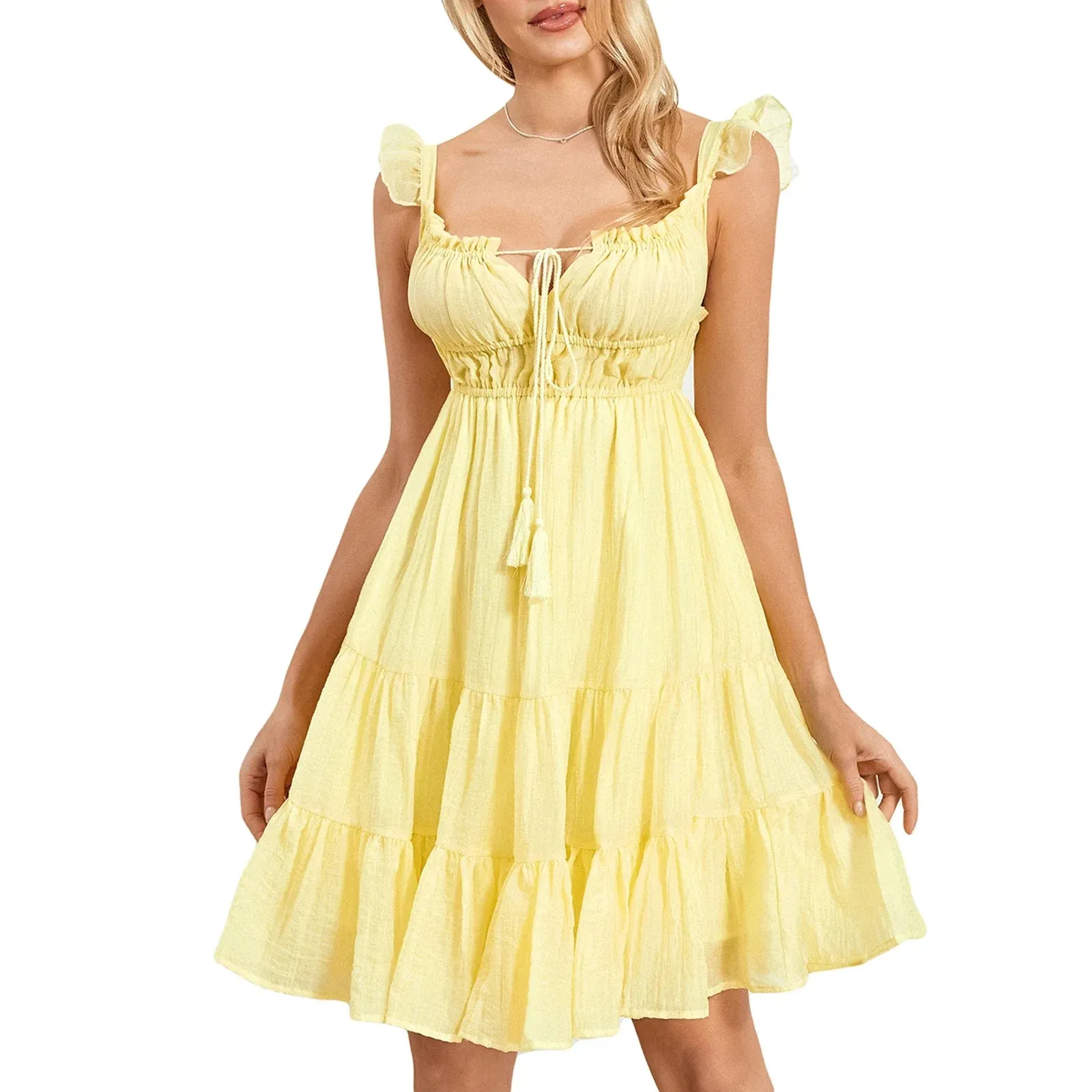 Sleeve V Neck Low Cut A-Line Swing Summer Back Lace Up Ruffle Layered Casual Long Dress