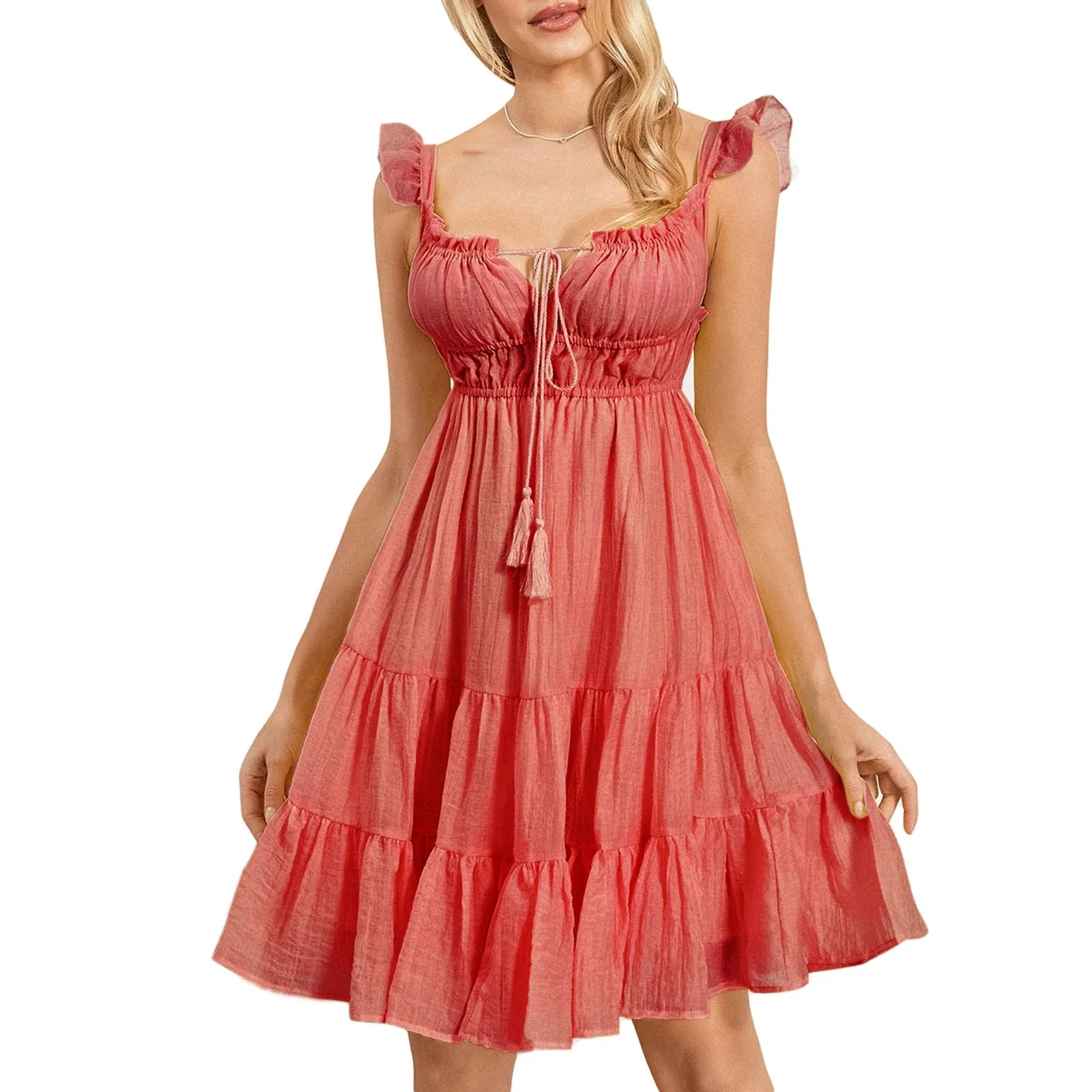 Sleeve V Neck Low Cut A-Line Swing Summer Back Lace Up Ruffle Layered Casual Long Dress