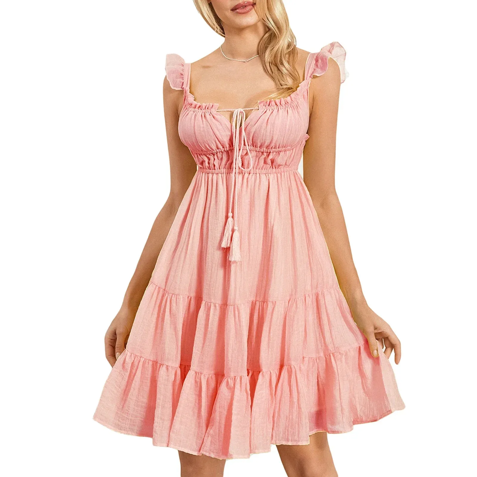 Sleeve V Neck Low Cut A-Line Swing Summer Back Lace Up Ruffle Layered Casual Long Dress
