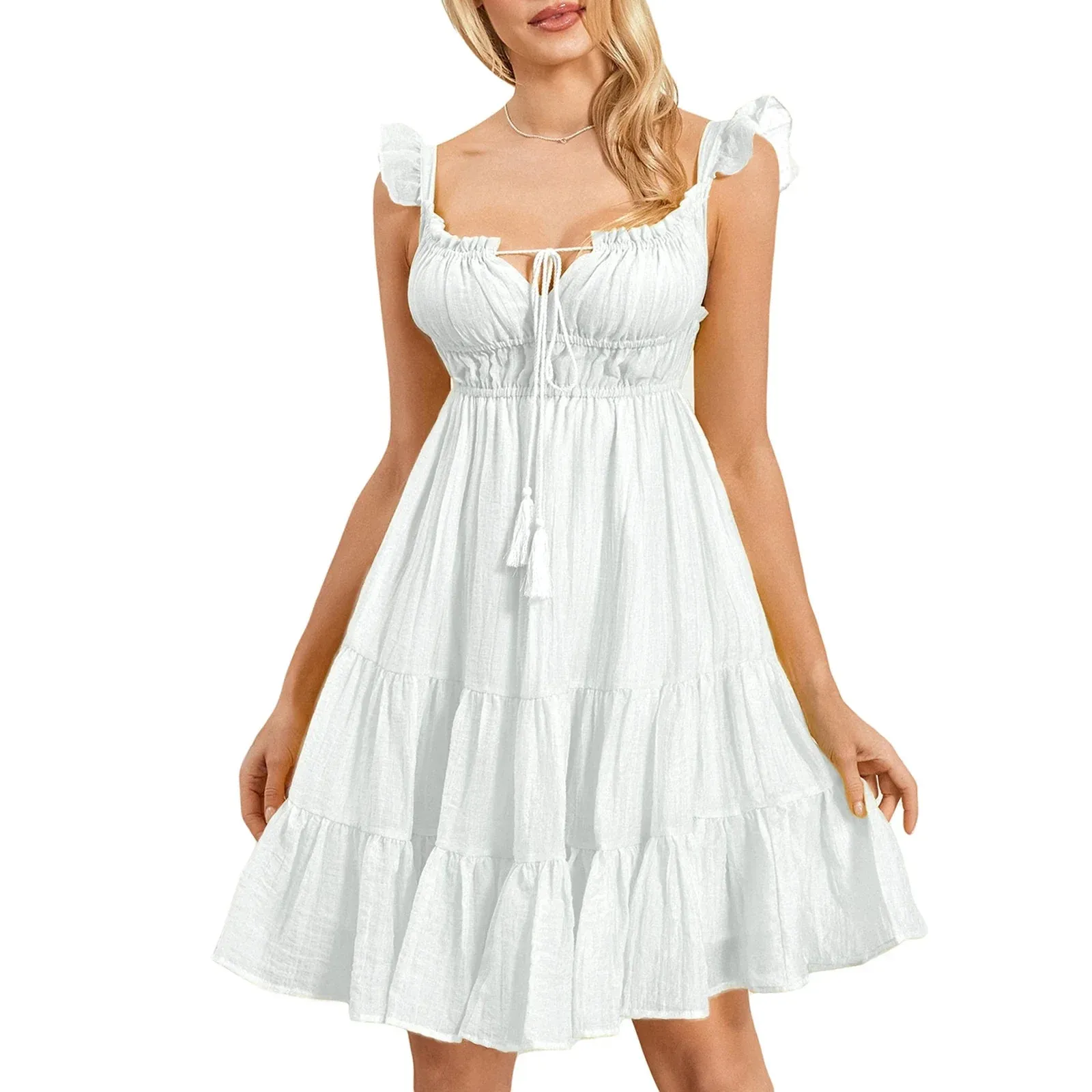 Sleeve V Neck Low Cut A-Line Swing Summer Back Lace Up Ruffle Layered Casual Long Dress
