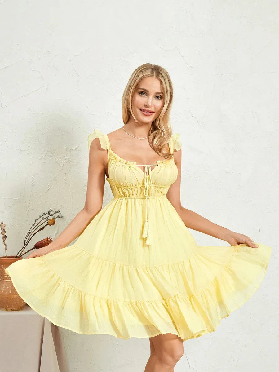 Sleeve V Neck Low Cut A-Line Swing Summer Back Lace Up Ruffle Layered Casual Long Dress