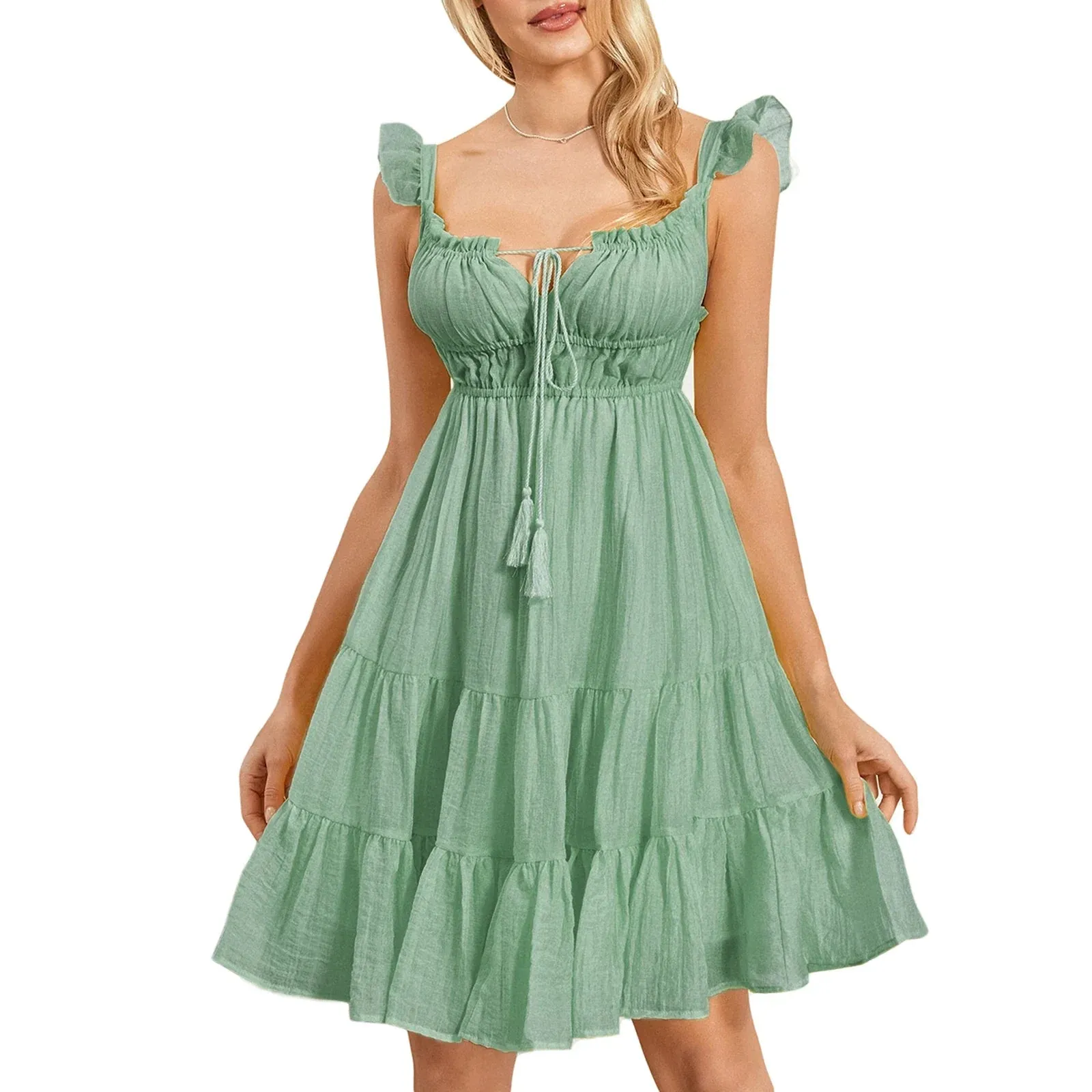 Sleeve V Neck Low Cut A-Line Swing Summer Back Lace Up Ruffle Layered Casual Long Dress