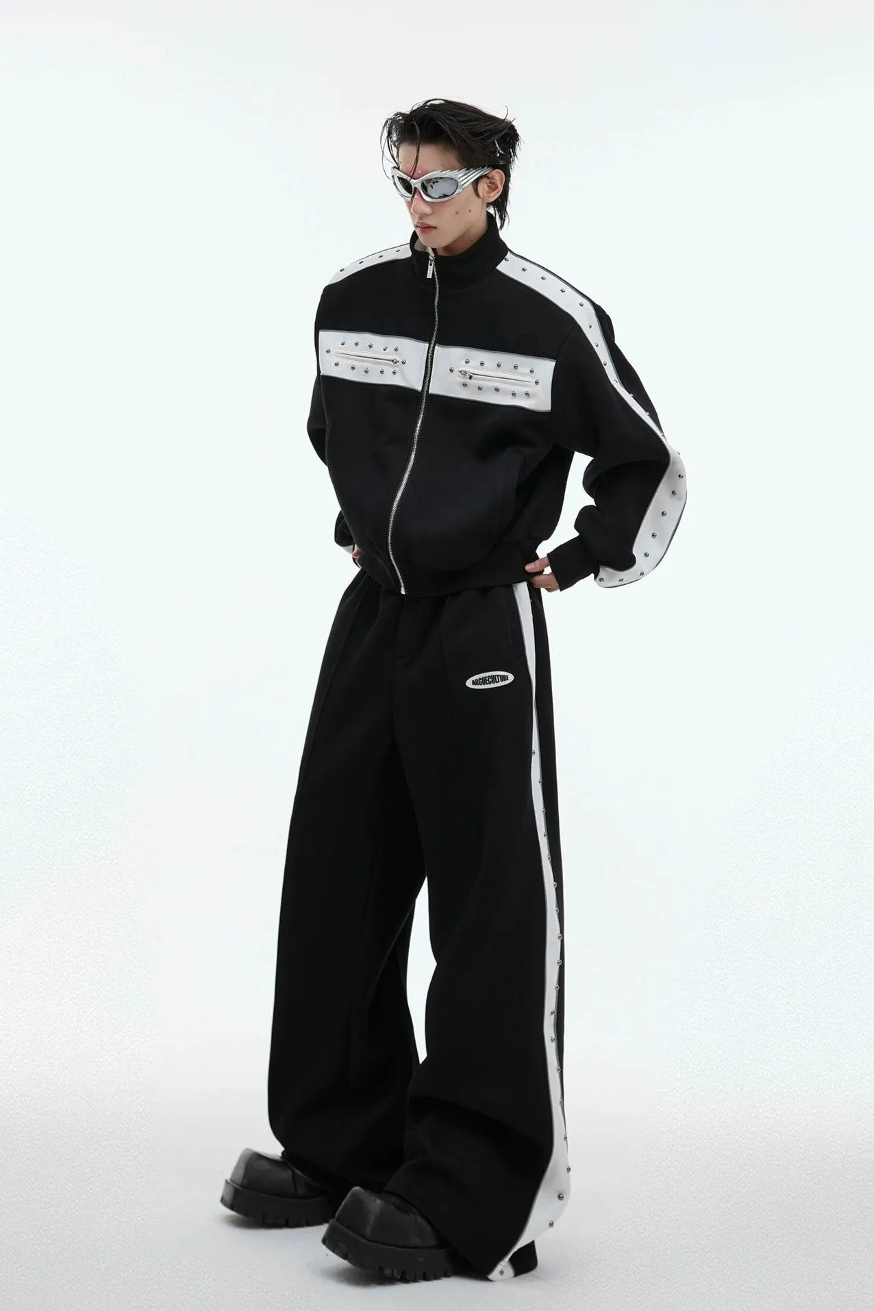 Sporty Contrast Block Jacket & Sweatpants Set