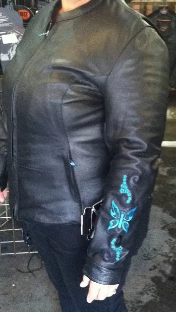 Teal butterfly embroidery leather jacket - Reflective