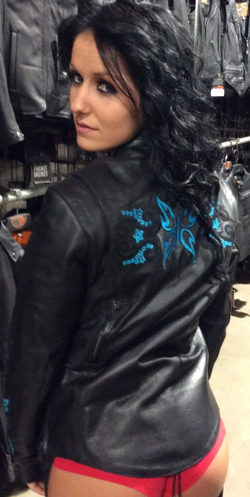 Teal butterfly embroidery leather jacket - Reflective
