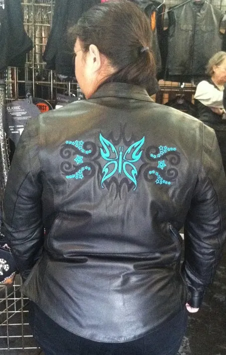 Teal butterfly embroidery leather jacket - Reflective