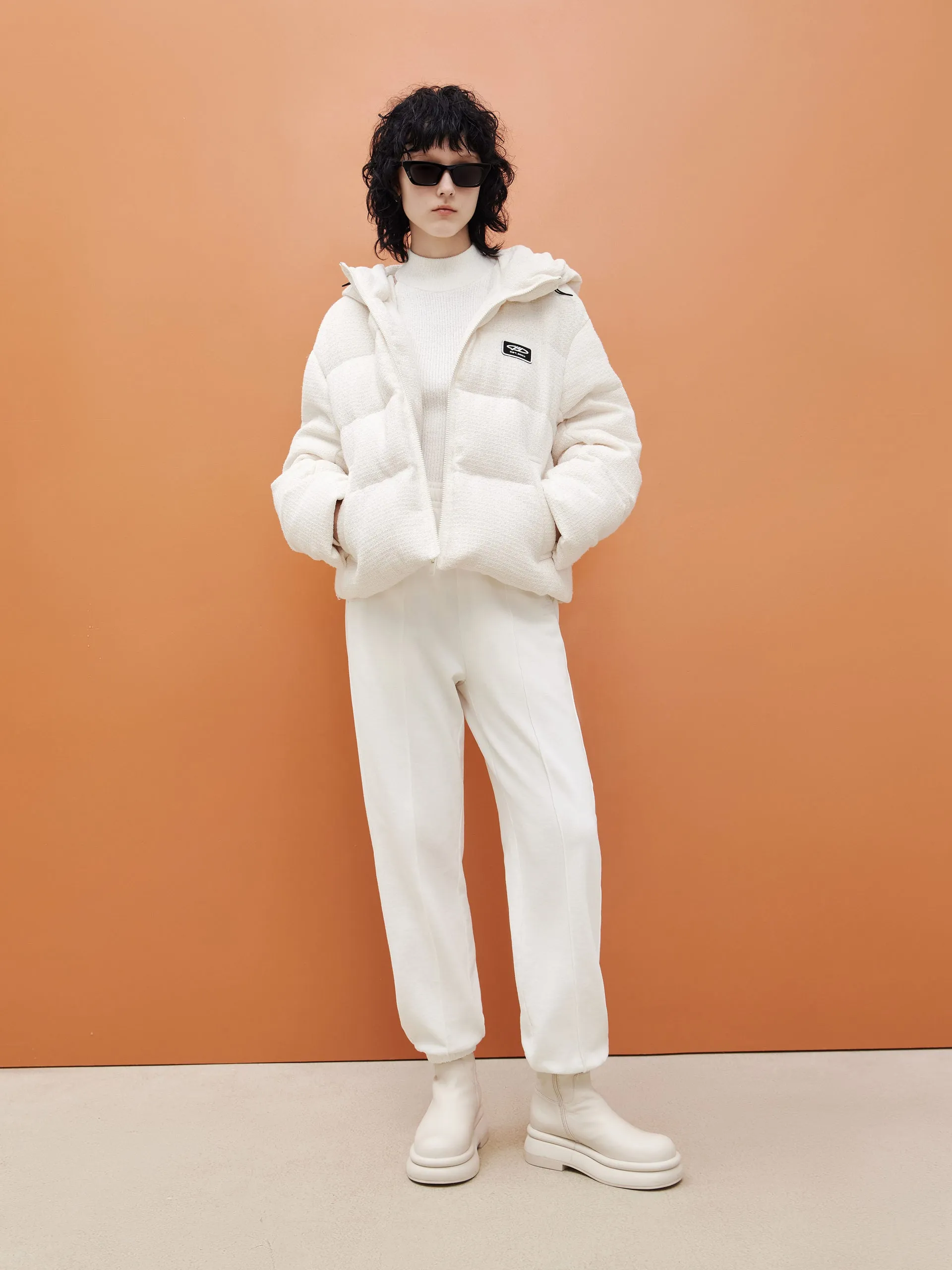 Textured Cropped Hooded Down Jacket