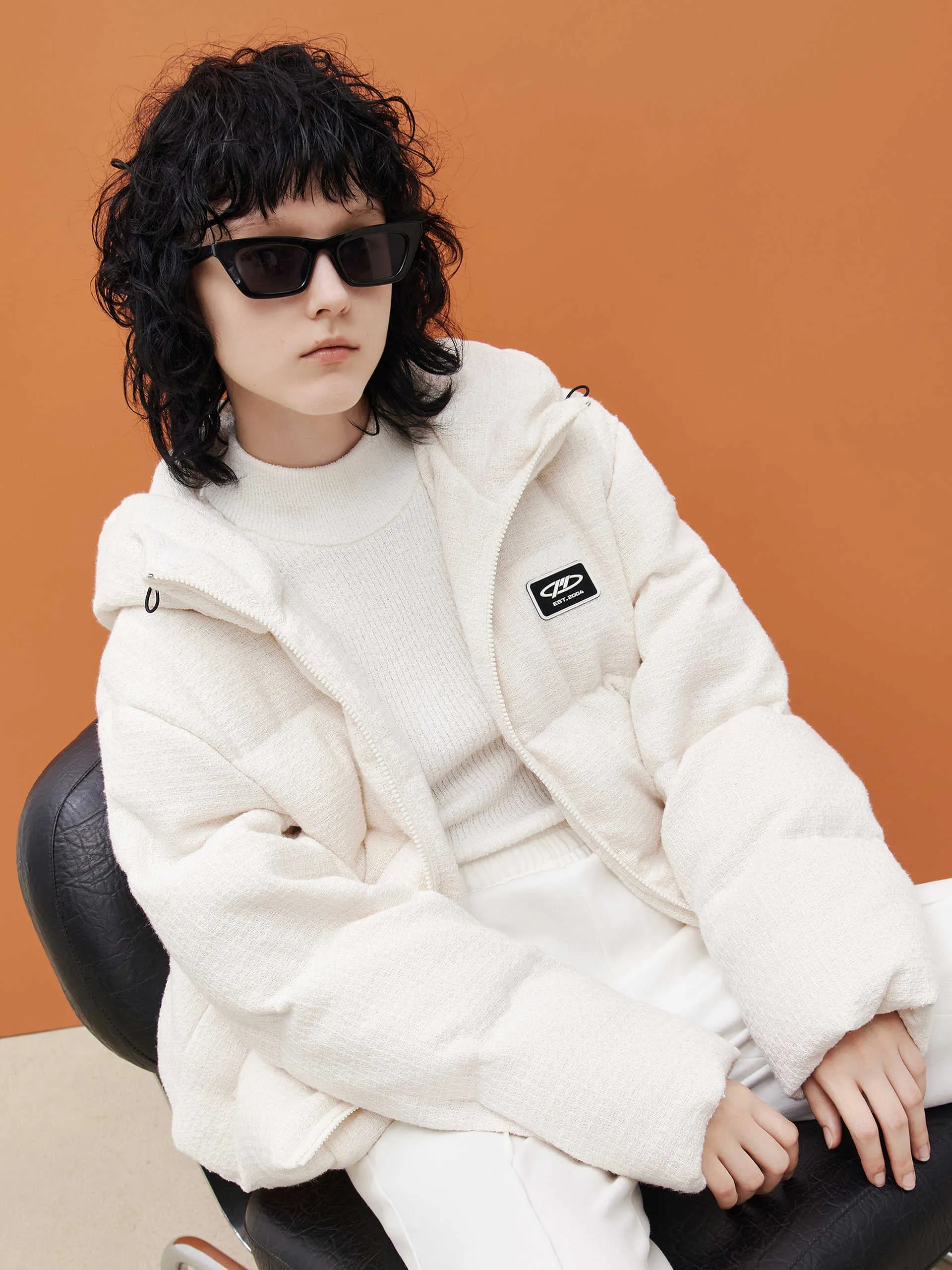 Textured Cropped Hooded Down Jacket