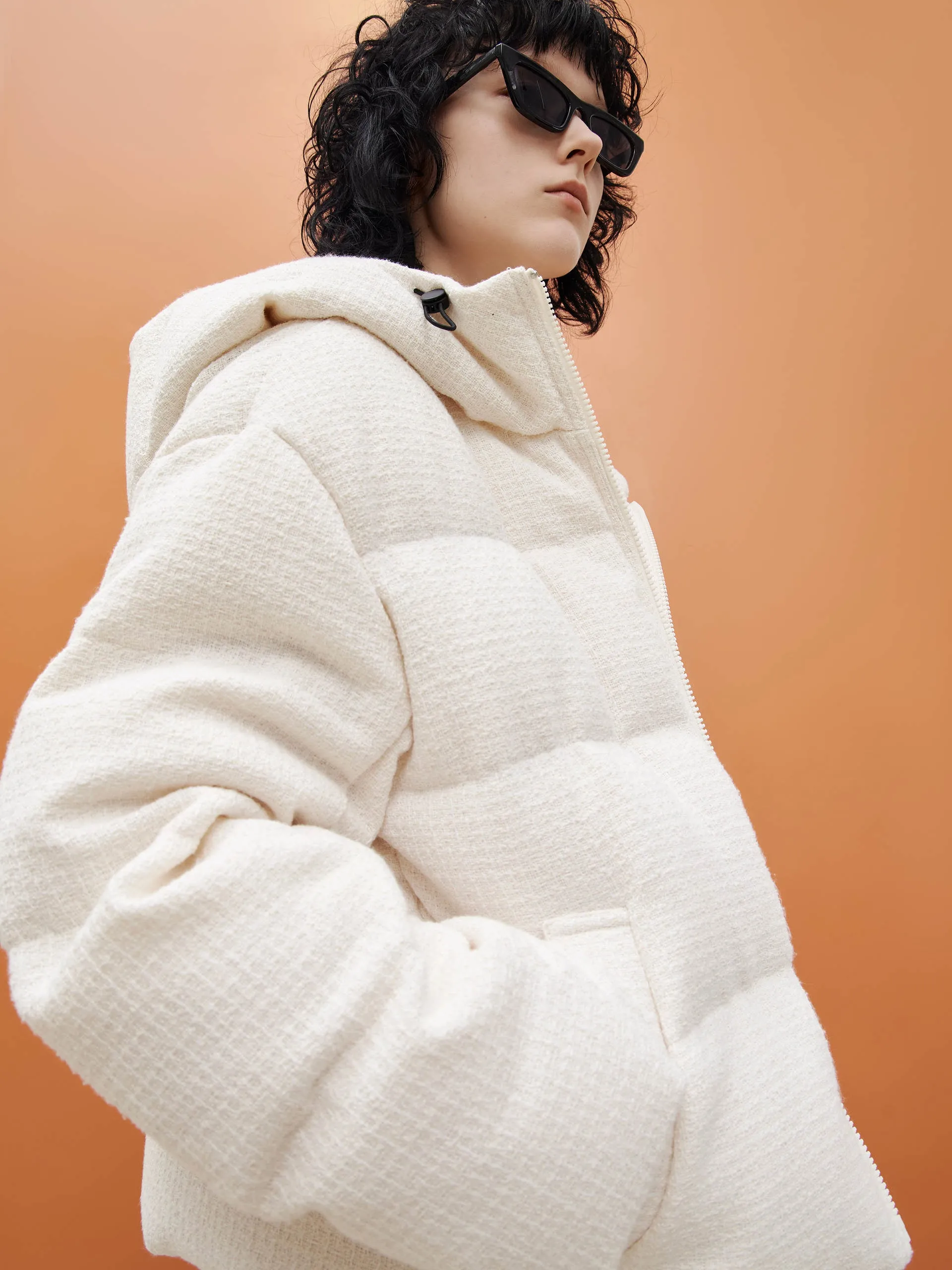 Textured Cropped Hooded Down Jacket