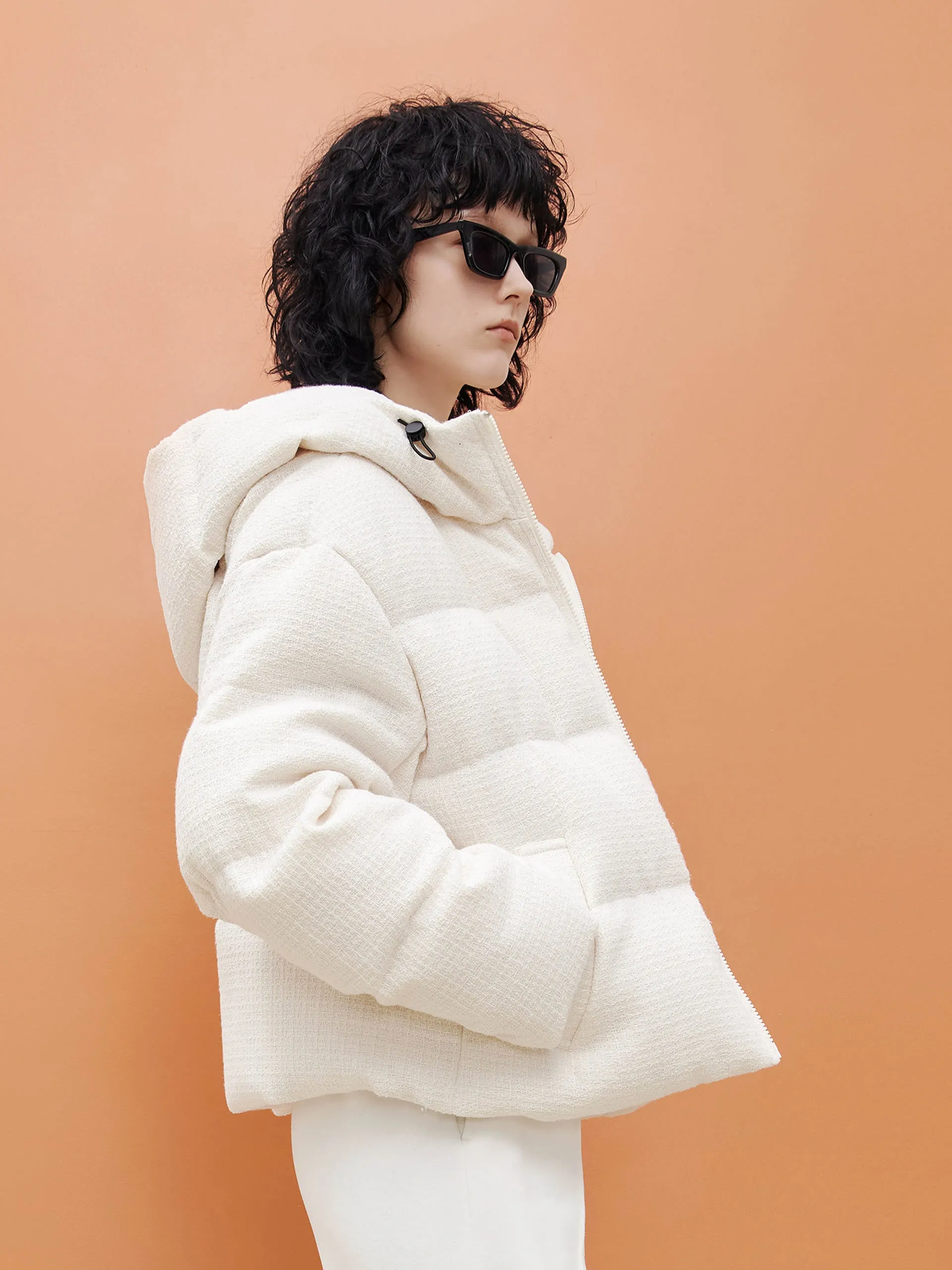 Textured Cropped Hooded Down Jacket