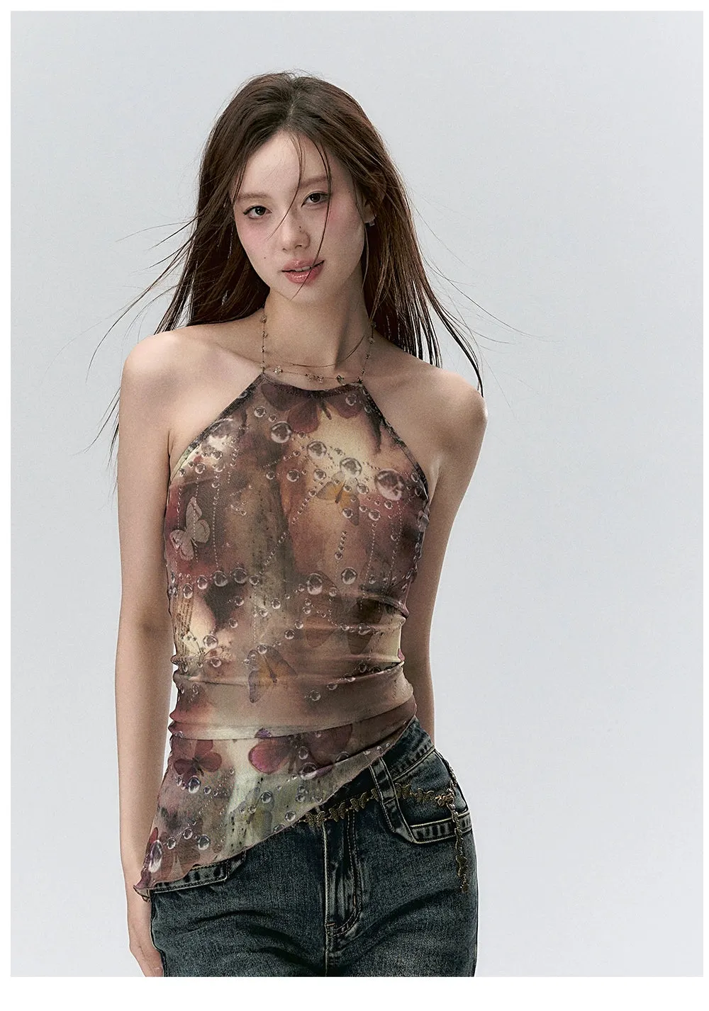 Water Droplet Butterfly Halter Irregular Camisole