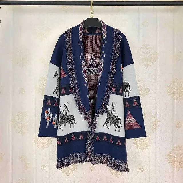 Wild Horses Cashmere Cardigan In 8 Different Colors You Choose Boho Sweater Coat Southwestern Print With Cactus Indians And Teepees Warm Wool Coat Available In Small Medium Or Large
