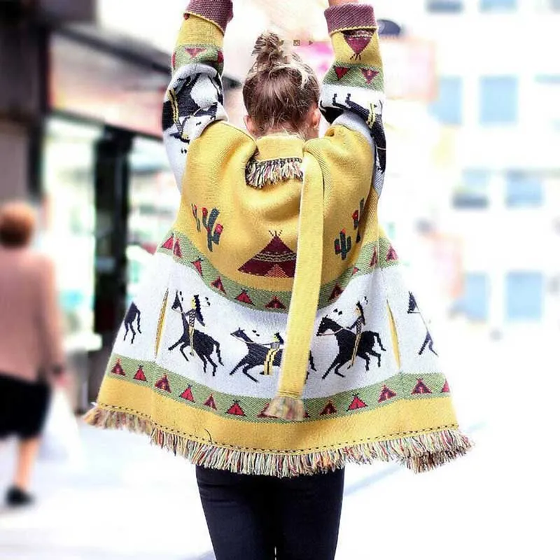 Wild Horses Cashmere Cardigan In 8 Different Colors You Choose Boho Sweater Coat Southwestern Print With Cactus Indians And Teepees Warm Wool Coat Available In Small Medium Or Large