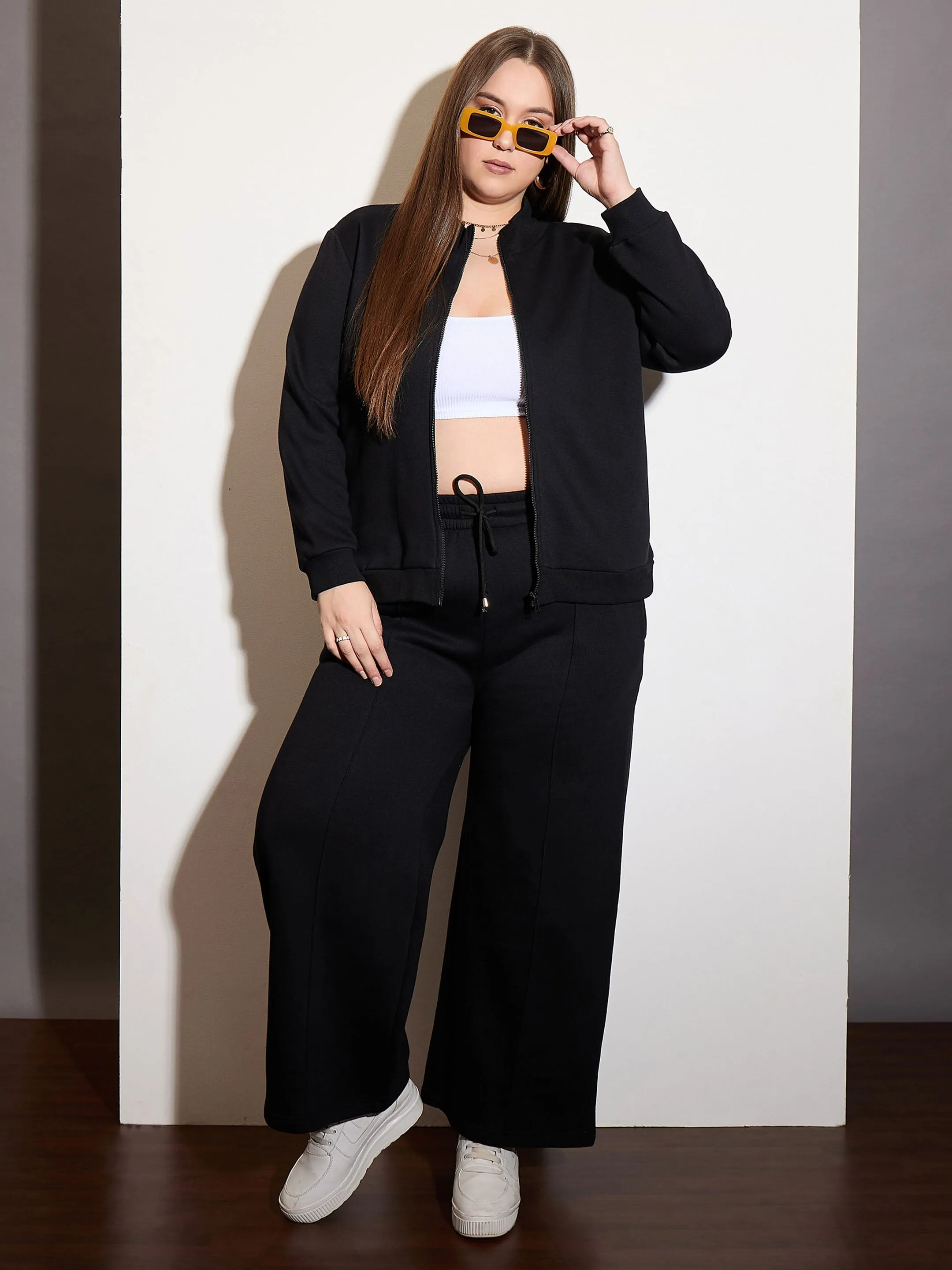 Women Black Fleece Front Zipper Jacket With Sweatpants