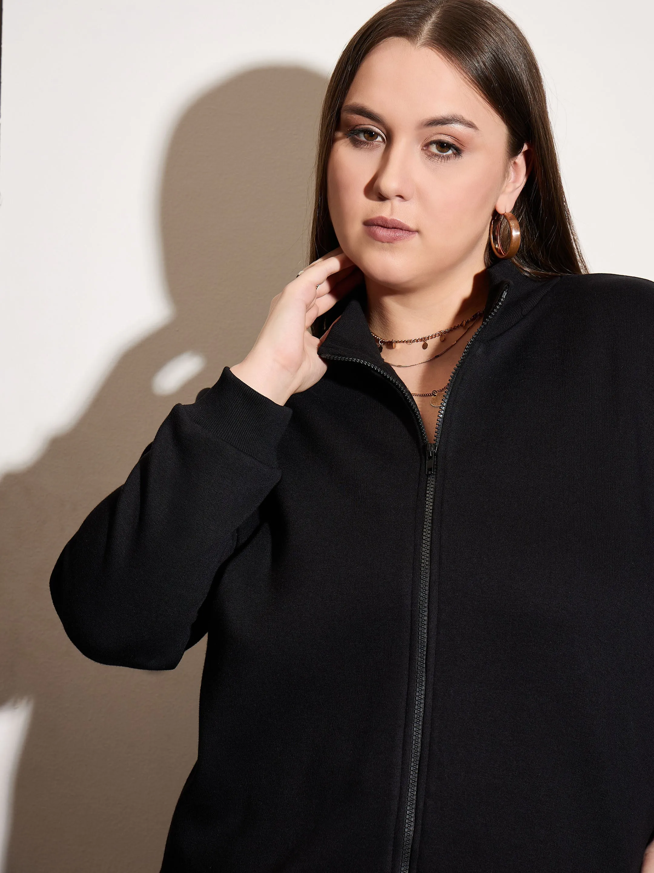 Women Black Fleece Front Zipper Jacket With Sweatpants