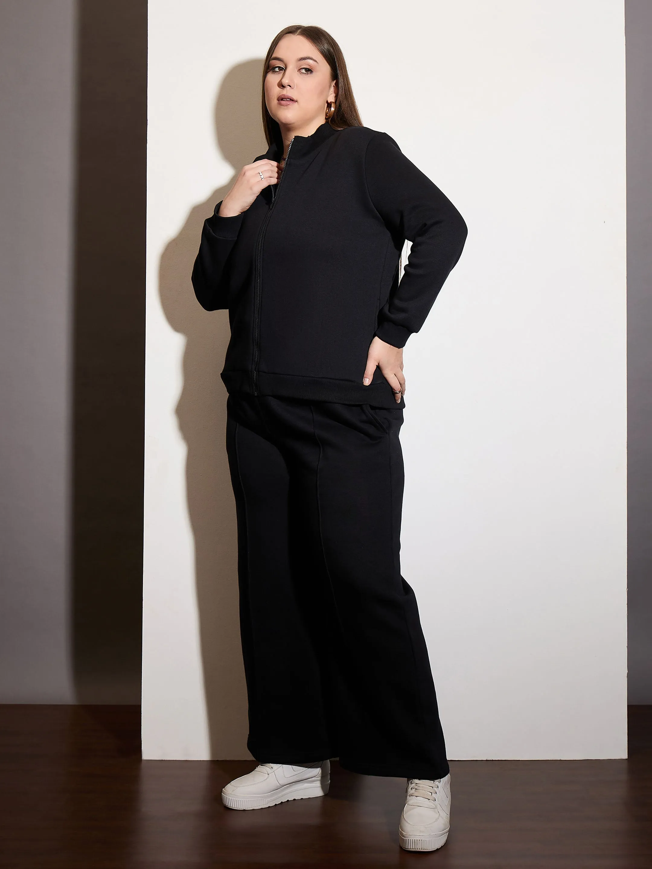Women Black Fleece Front Zipper Jacket With Sweatpants