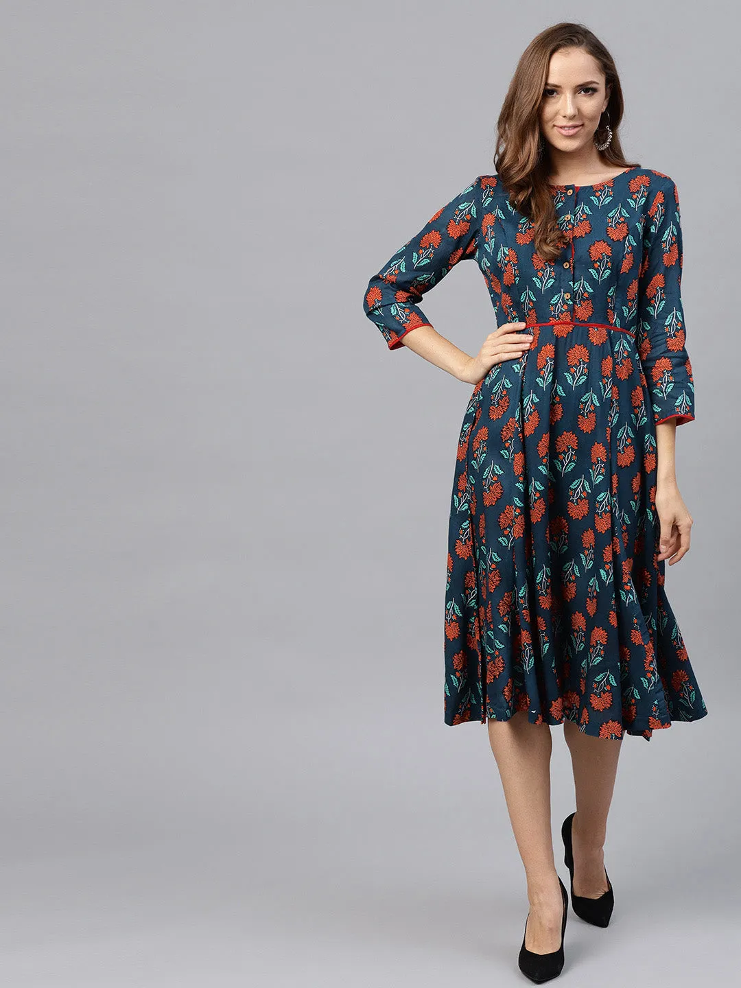 Women Blue & Red Floral Anarkali