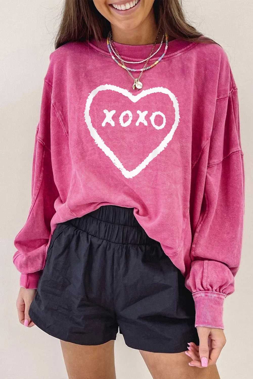 Womens XOXO Heart Glitter Print Pullover Sweatshirt for Valentine's Day