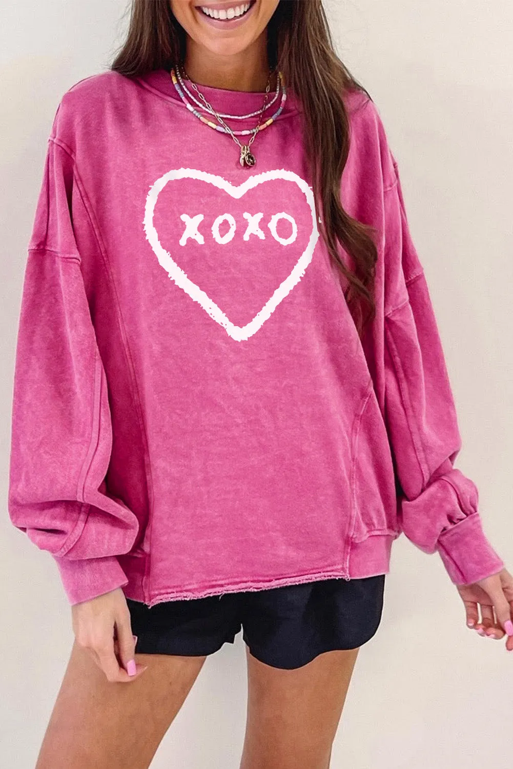 Womens XOXO Heart Glitter Print Pullover Sweatshirt for Valentine's Day