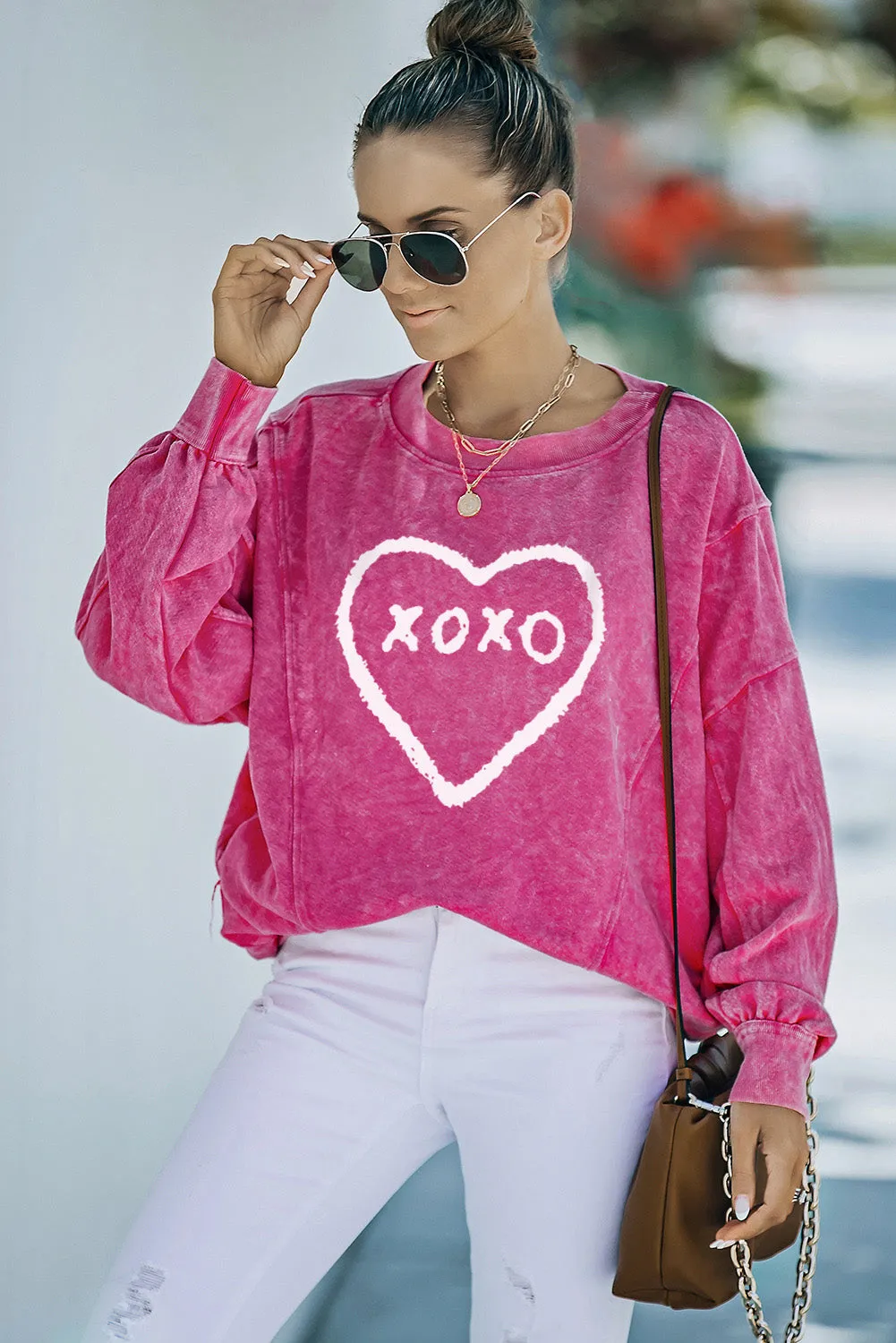 Womens XOXO Heart Glitter Print Pullover Sweatshirt for Valentine's Day