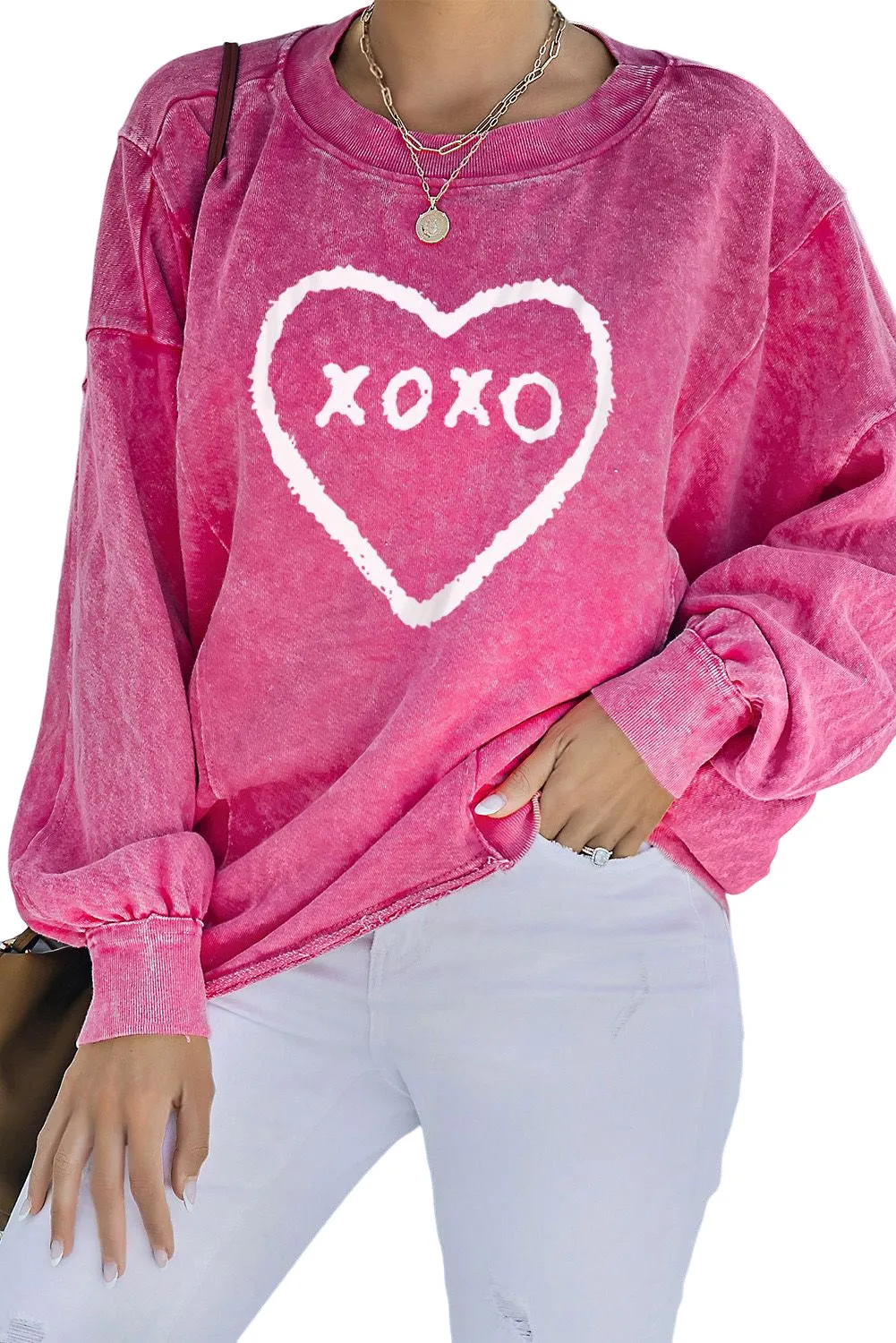Womens XOXO Heart Glitter Print Pullover Sweatshirt for Valentine's Day