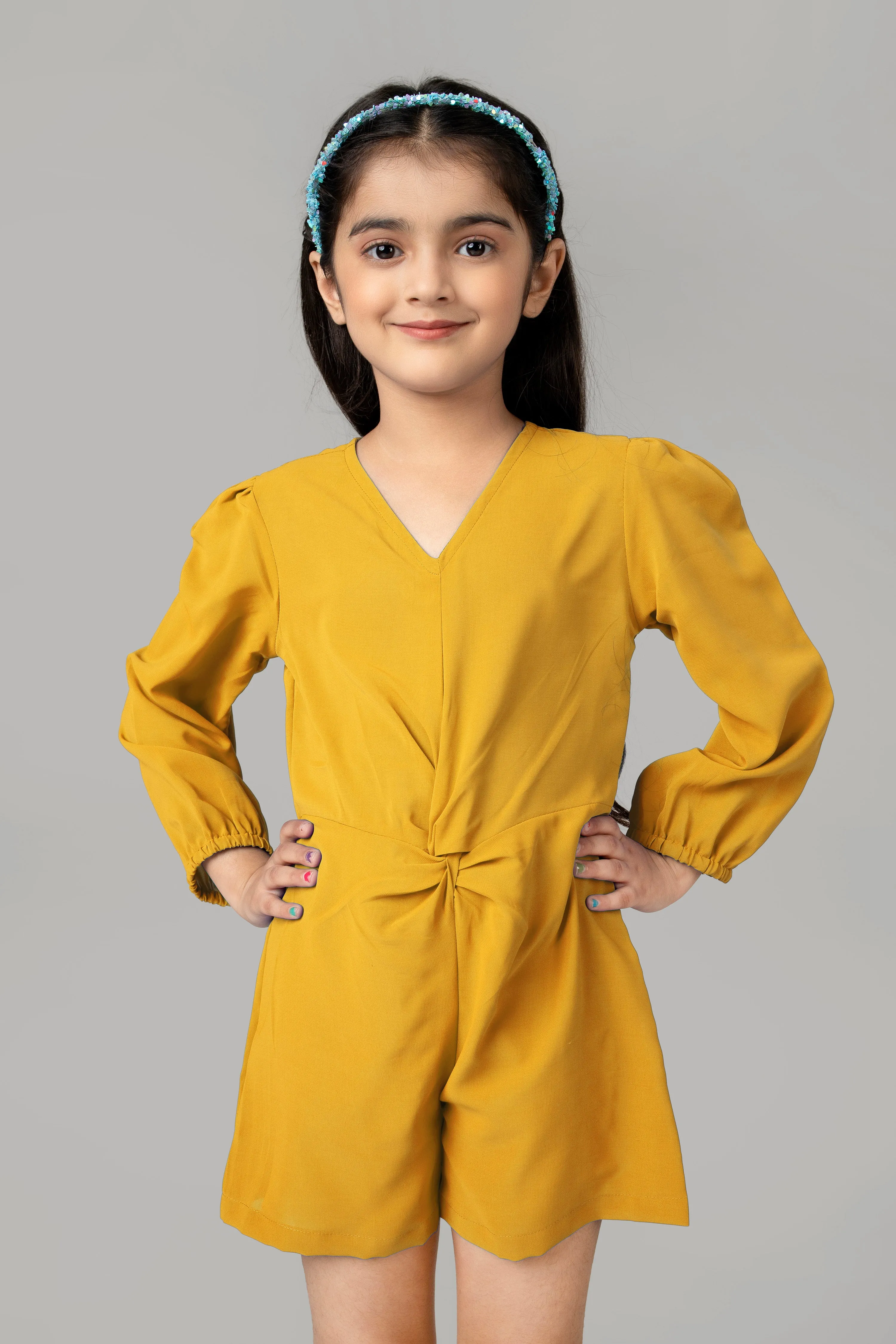 Yellow Front Knot Jumpsuit For Girls