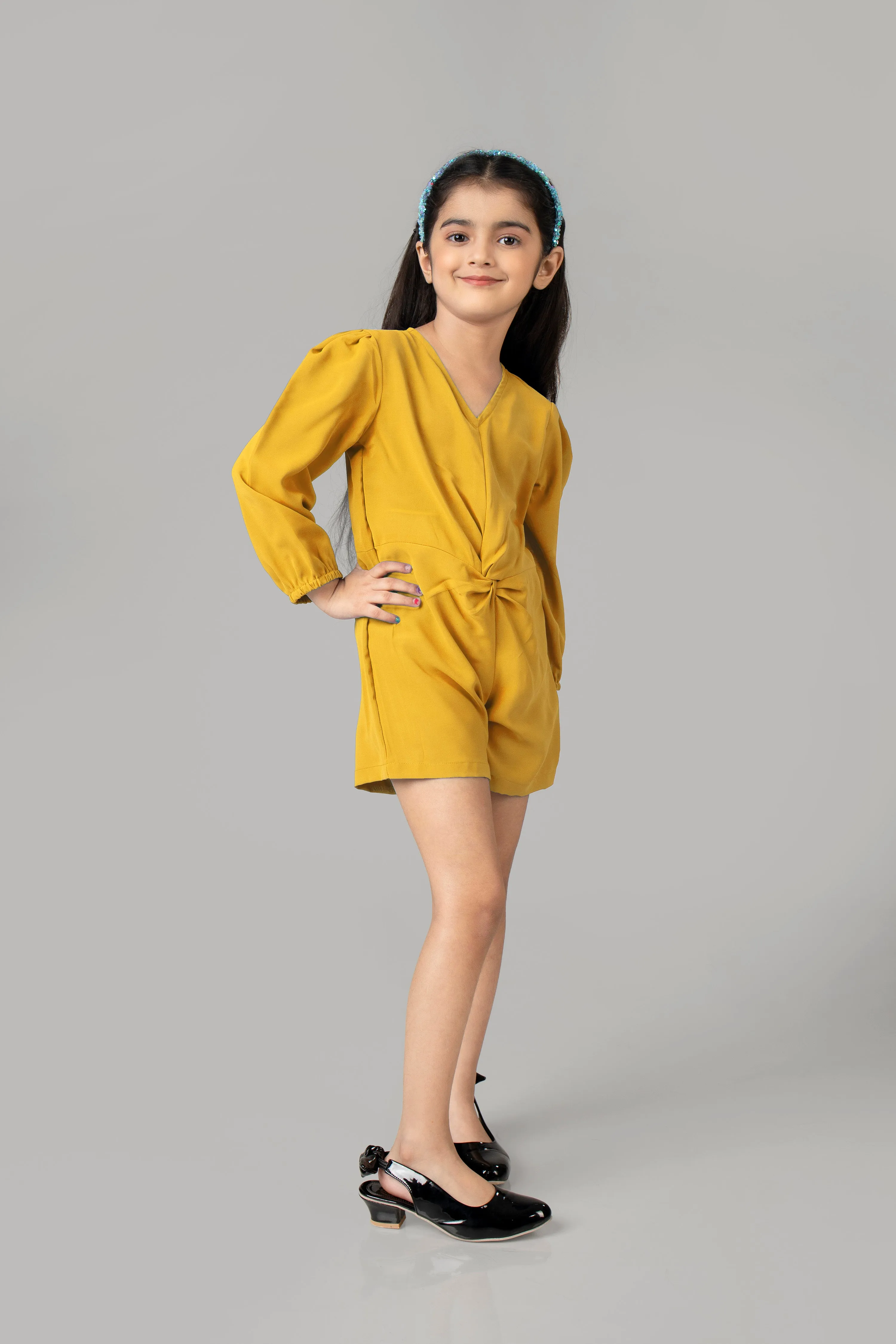 Yellow Front Knot Jumpsuit For Girls